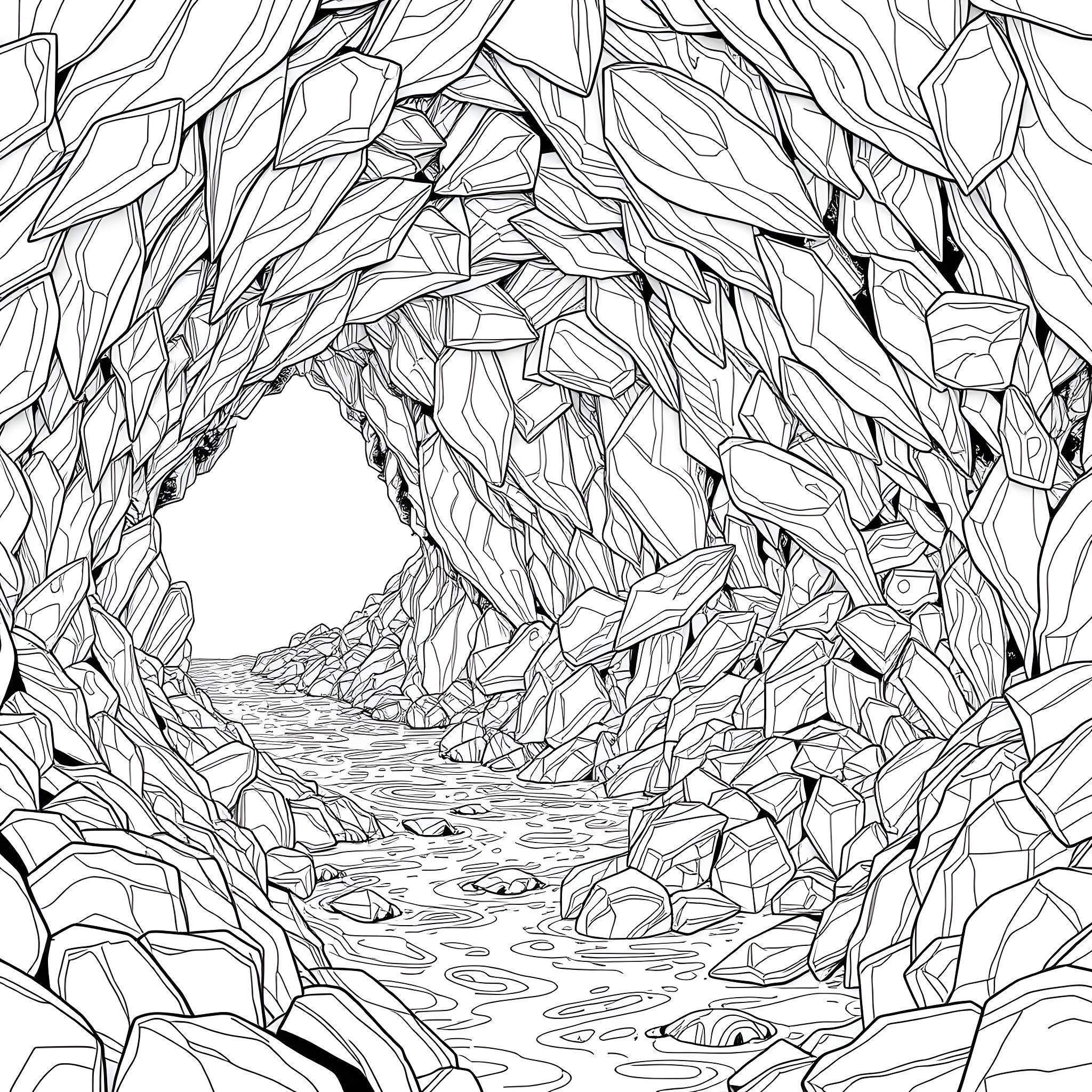 Cave Exploration in Crystalline Caverns Coloring Page (free black-and-white line drawing printable PDF for all, from beginners to advanced learners, including children, teens, adults, and seniors)