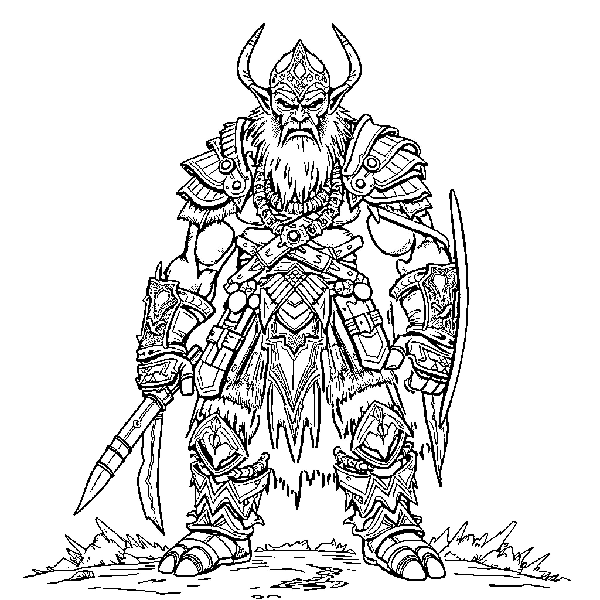 Orcalero Clad in Ornate Warrior Armor Coloring Page (free black-and-white line drawing printable PDF for all, from beginners to advanced learners, including children, teens, adults, and seniors)