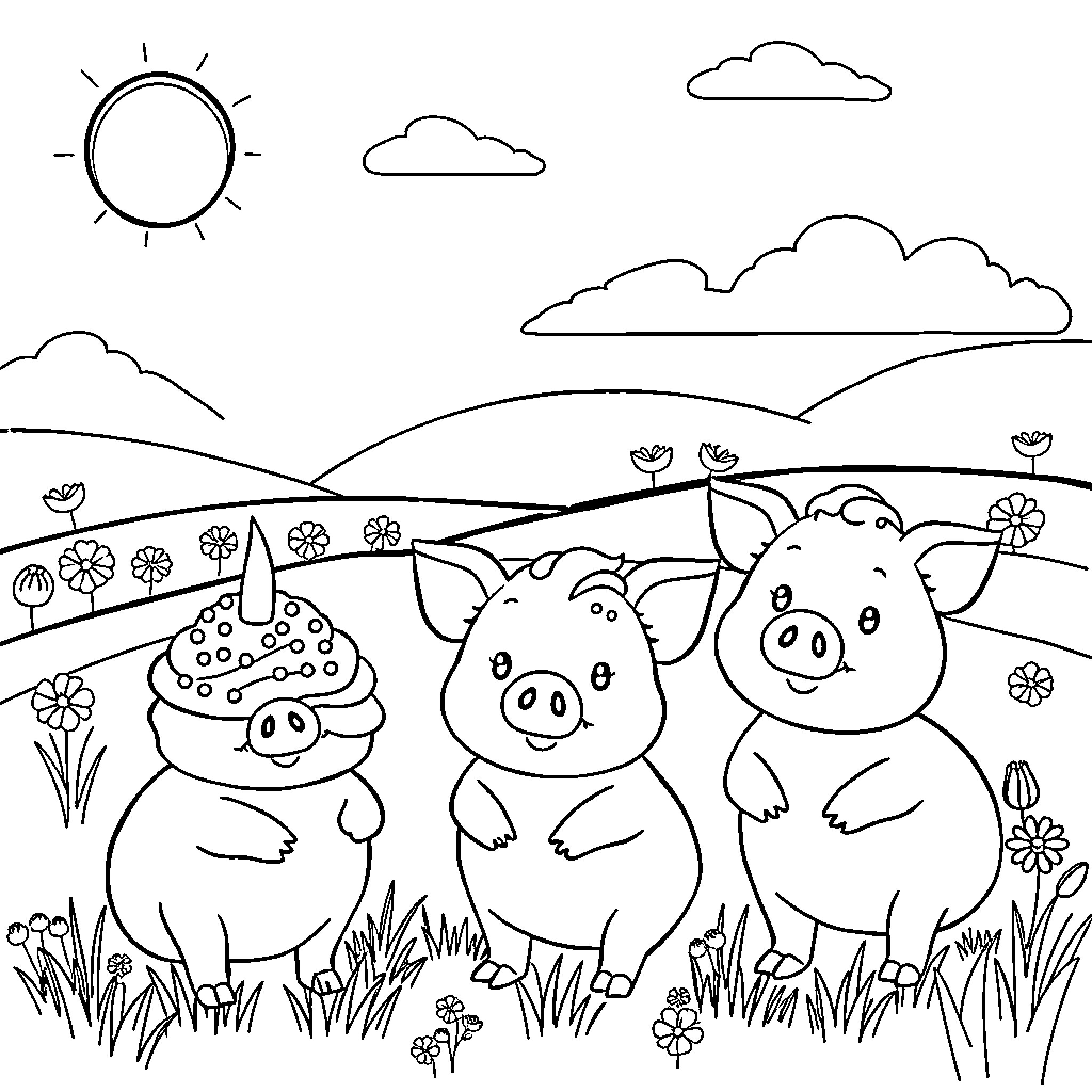 Cupcake Pigs Enjoying Pastoral Scene Coloring Page (free black-and-white line drawing printable PDF for all, from beginners to advanced learners, including children, teens, adults, and seniors)