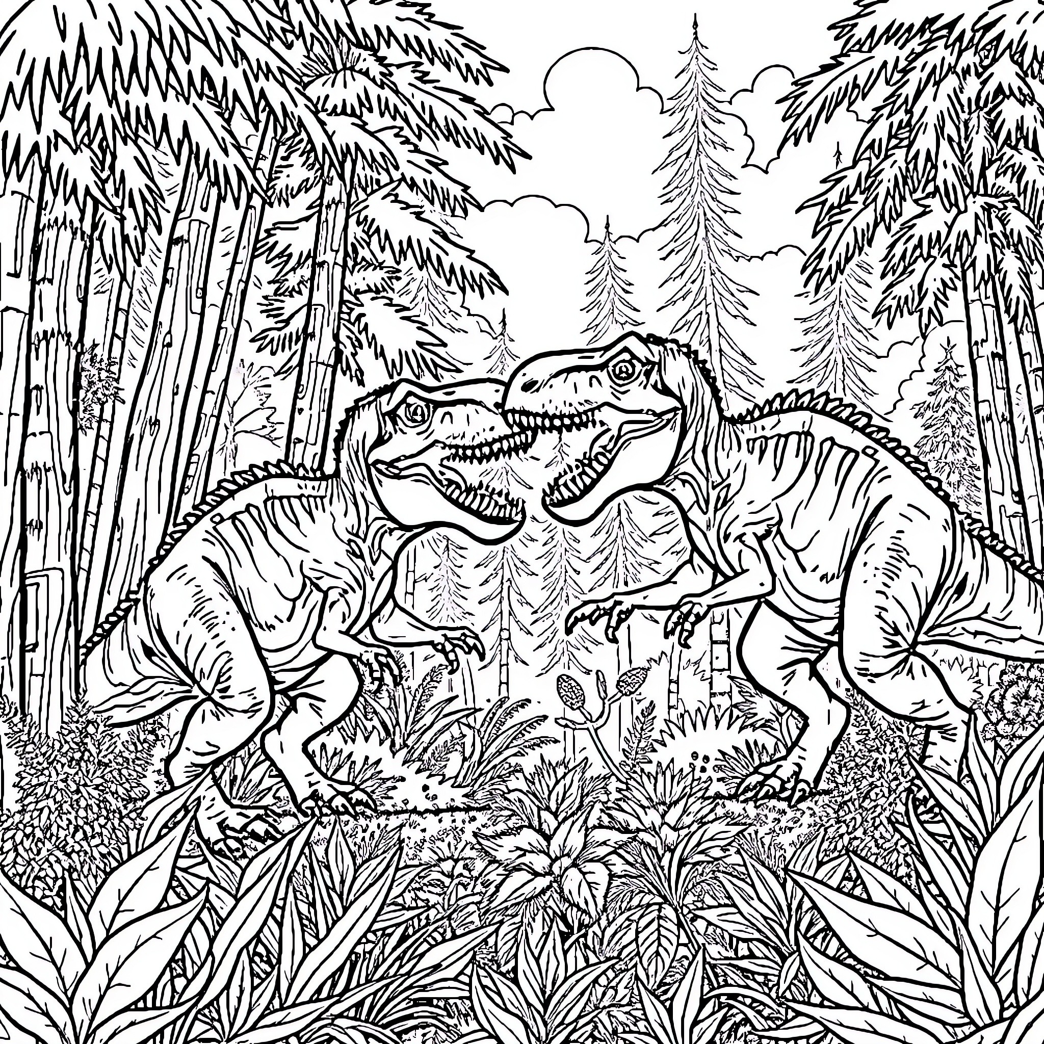 Carnotaurus fighting amidst the jungle foliage Coloring Page (free black-and-white line drawing printable PDF for all, from beginners to advanced learners, including children, teens, adults, and seniors)