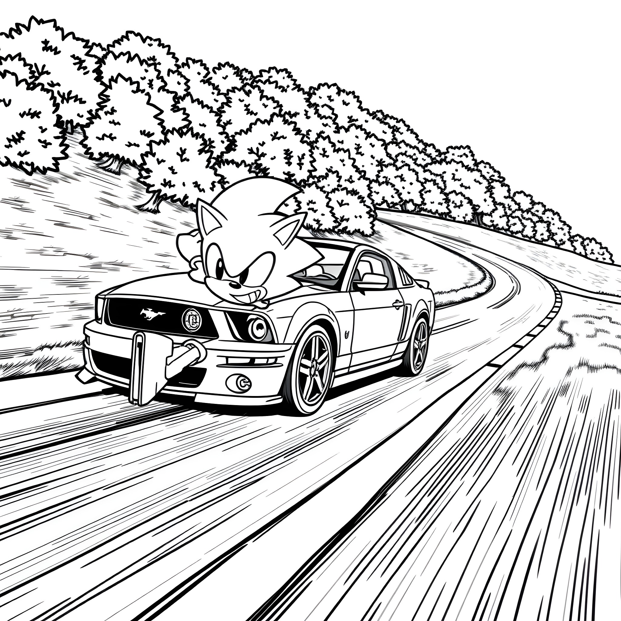 Sonic speeding through the countryside in a sports car Coloring Page (free black-and-white line drawing printable PDF for all, from beginners to advanced learners, including children, teens, adults, and seniors)
