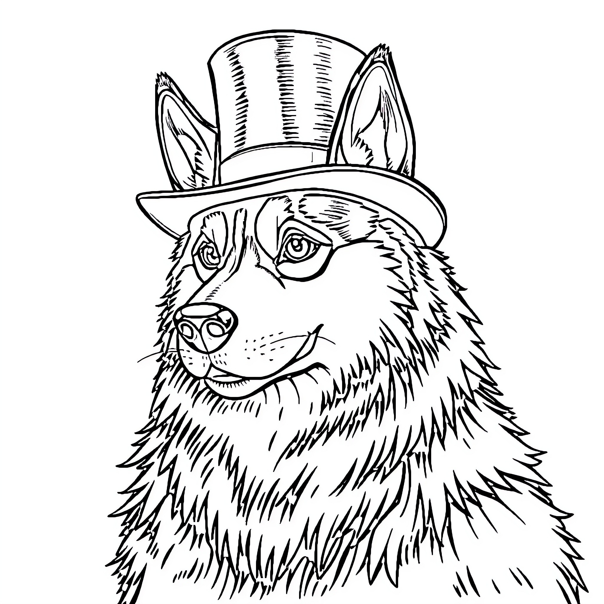 Husky wearing a top hat with an intrigued expression Coloring Page (free black-and-white line drawing printable PDF for all, from beginners to advanced learners, including children, teens, adults, and seniors)