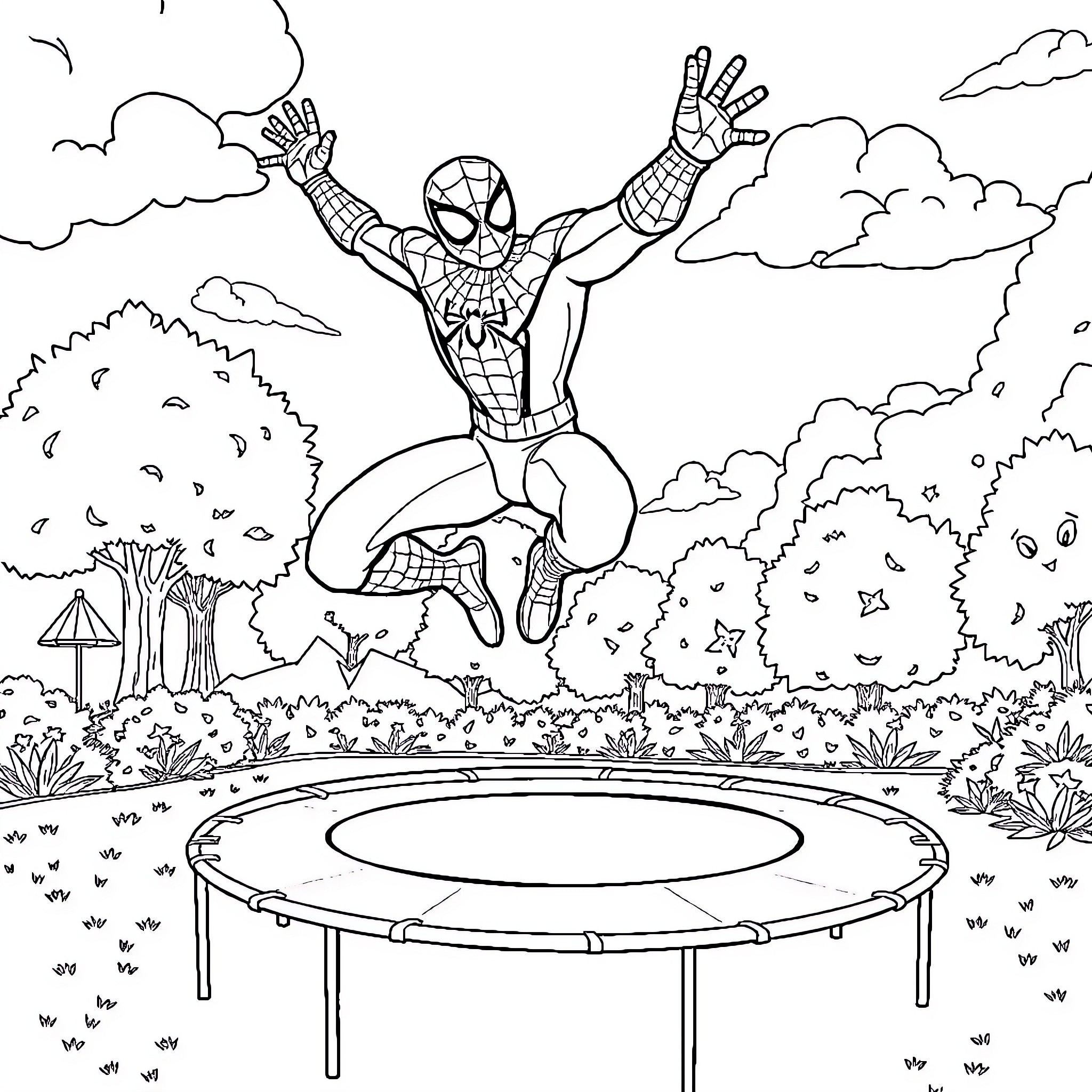 Spider-Man jumping on a trampoline in a forest Coloring Page (free black-and-white line drawing printable PDF for all, from beginners to advanced learners, including children, teens, adults, and seniors)