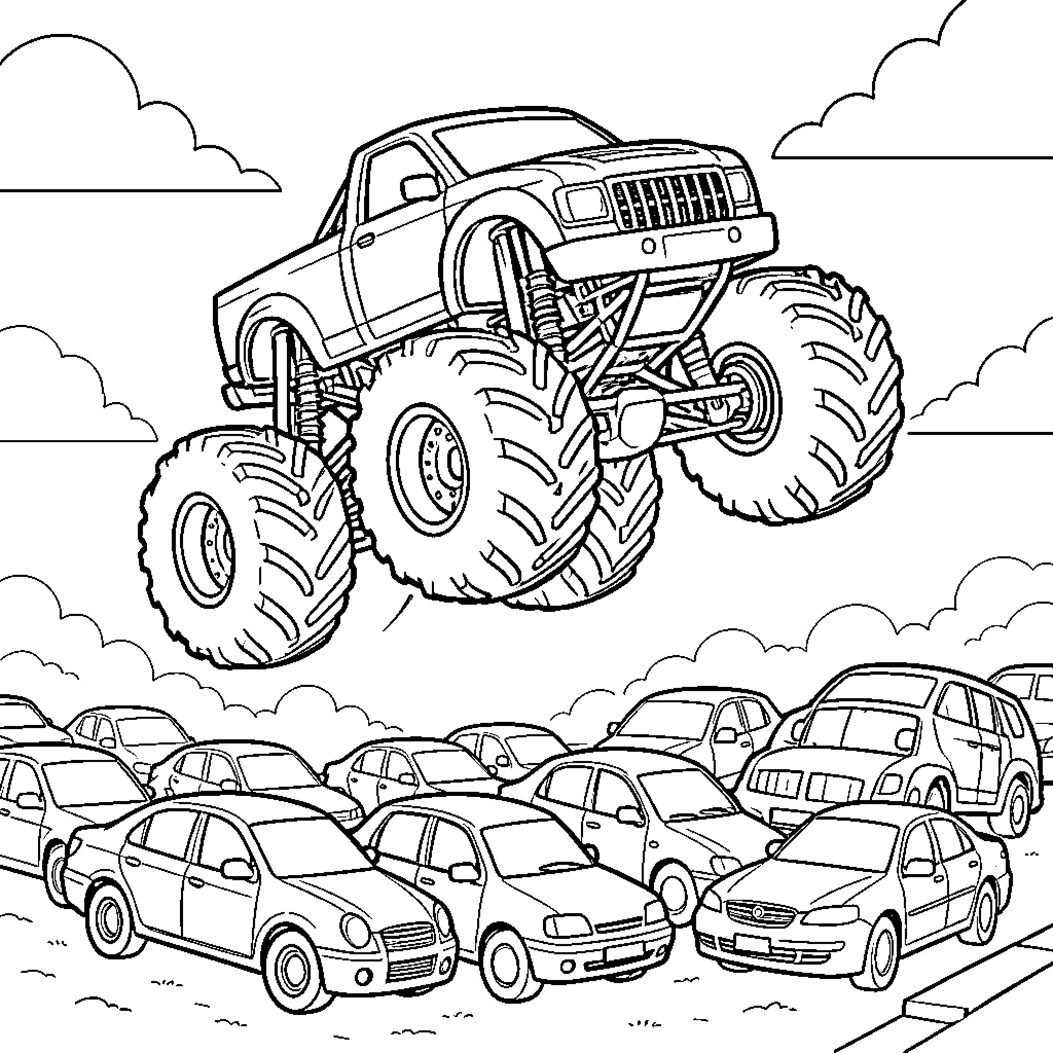 Monster Truck Crushing Ordinary Cars on the Road Coloring Page (free black-and-white line drawing printable PDF for all, from beginners to advanced learners, including children, teens, adults, and seniors)