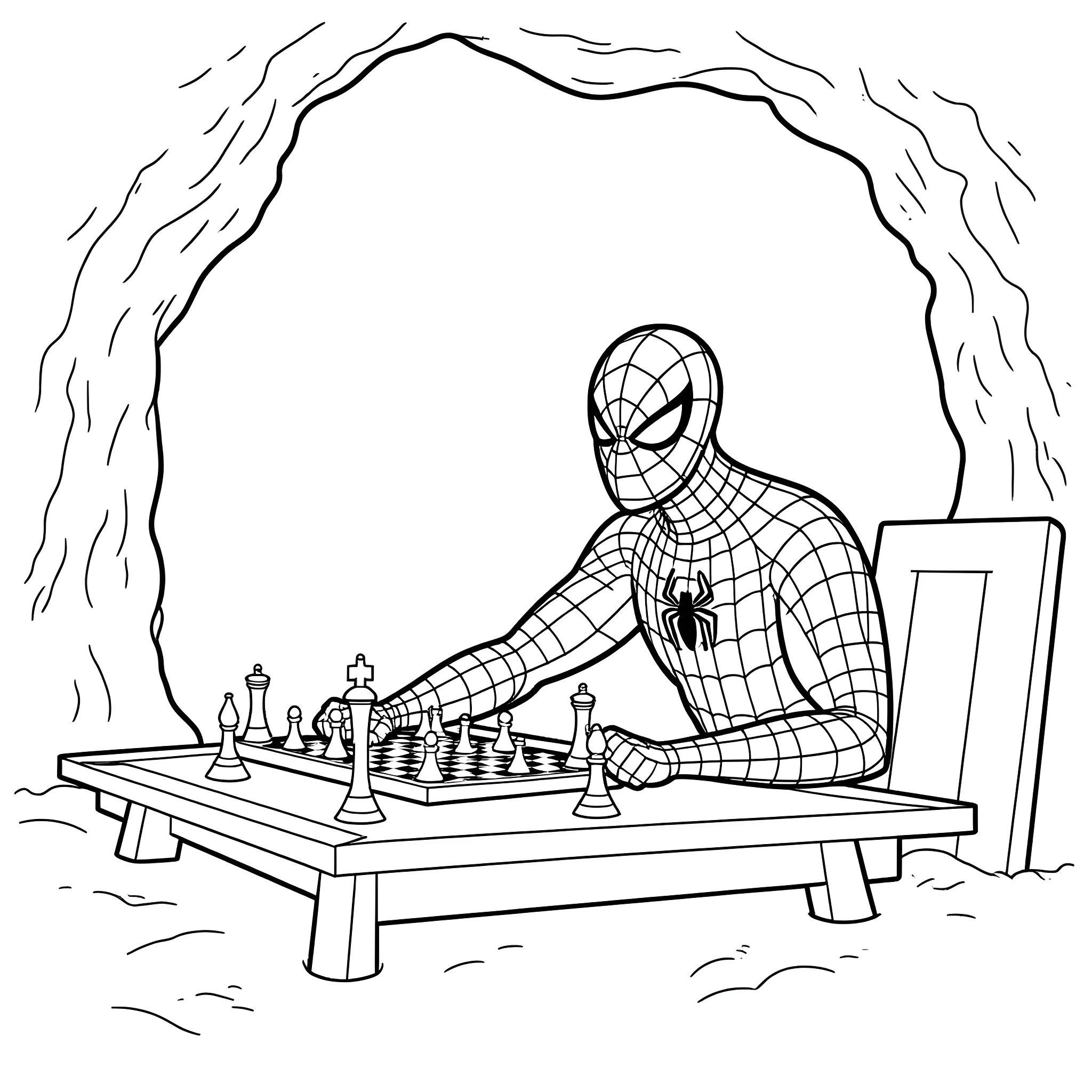 Spiderman playing chess in a dark cave Coloring Page (free black-and-white line drawing printable PDF for all, from beginners to advanced learners, including children, teens, adults, and seniors)
