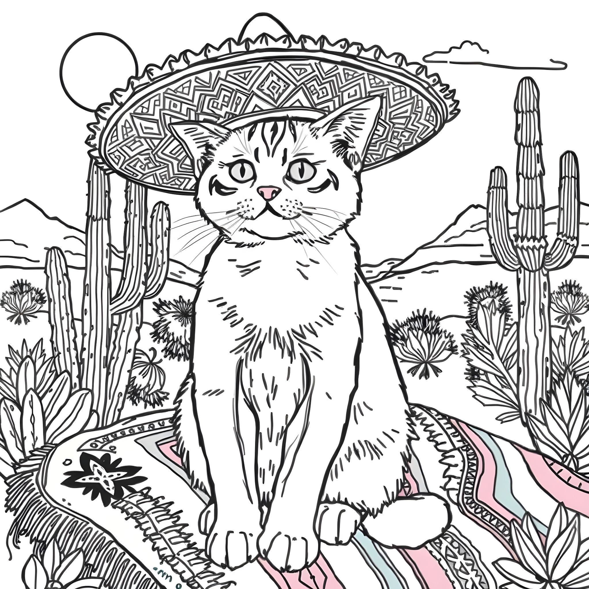 Cat wearing a Mexican sombrero in a desert landscape Coloring Page (free black-and-white line drawing printable PDF for all, from beginners to advanced learners, including children, teens, adults, and seniors)