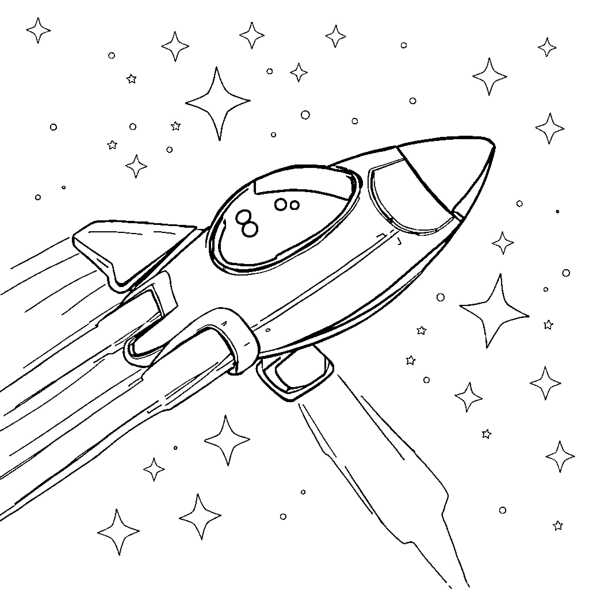 Spaceship soaring through a starry sky Coloring Page (free black-and-white line drawing printable PDF for all, from beginners to advanced learners, including children, teens, adults, and seniors)