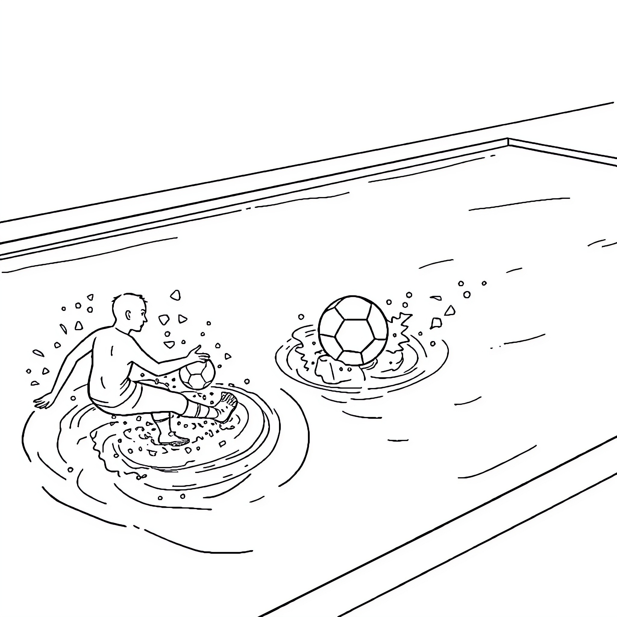 Soccer players competing in a pool Coloring Page (free black-and-white line drawing printable PDF for all, from beginners to advanced learners, including children, teens, adults, and seniors)