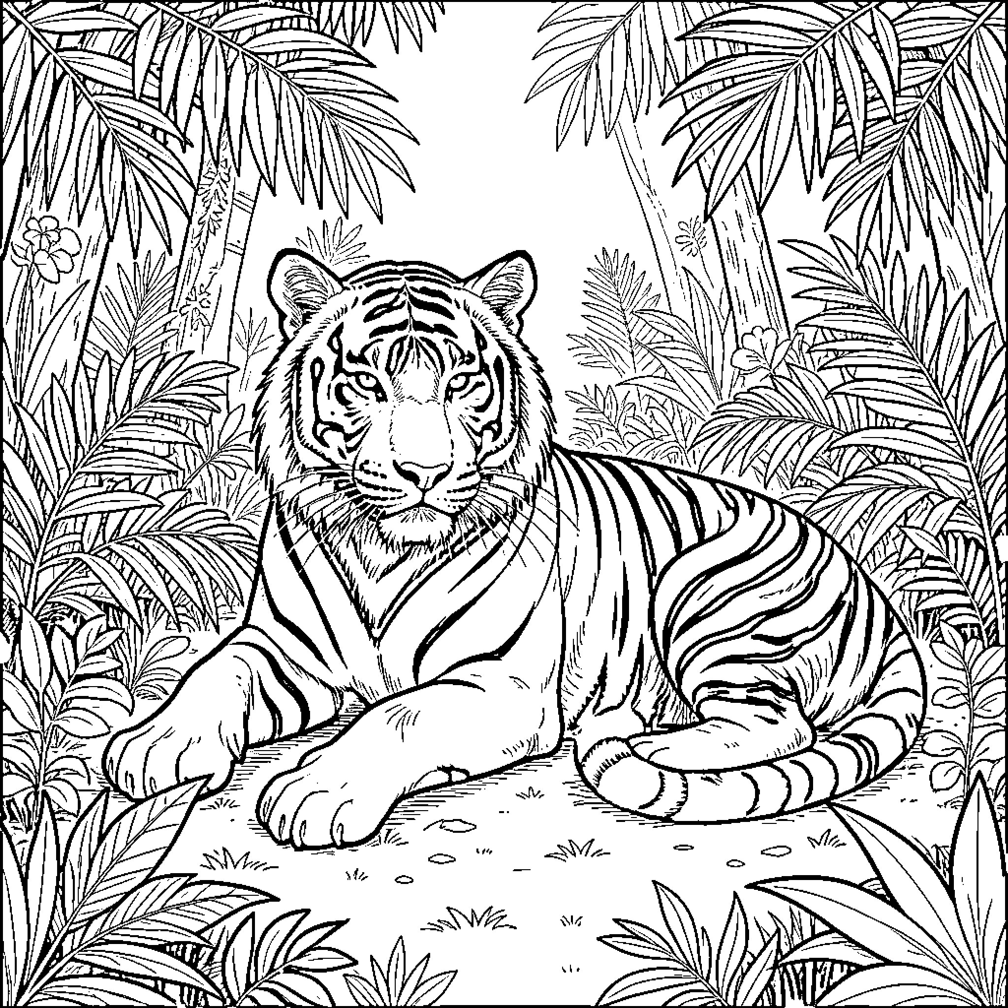 Tiger resting in the lush tropical forest Coloring Page (free black-and-white line drawing printable PDF for all, from beginners to advanced learners, including children, teens, adults, and seniors)