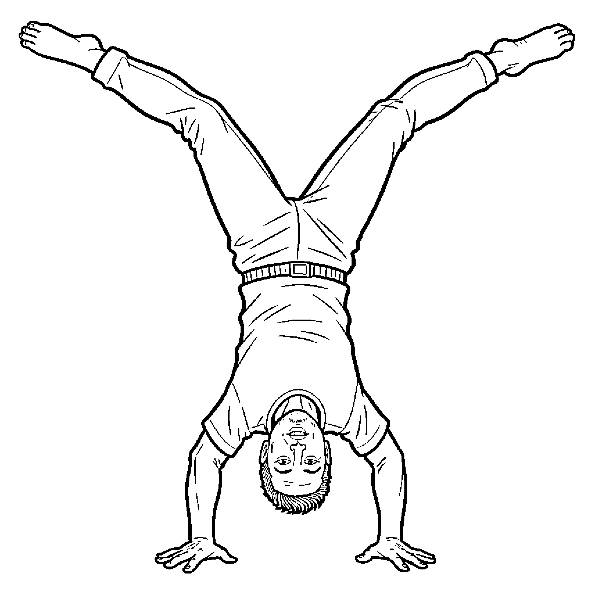 Elon Musk performing a handstand with legs spread wide Coloring Page (free black-and-white line drawing printable PDF for all, from beginners to advanced learners, including children, teens, adults, and seniors)