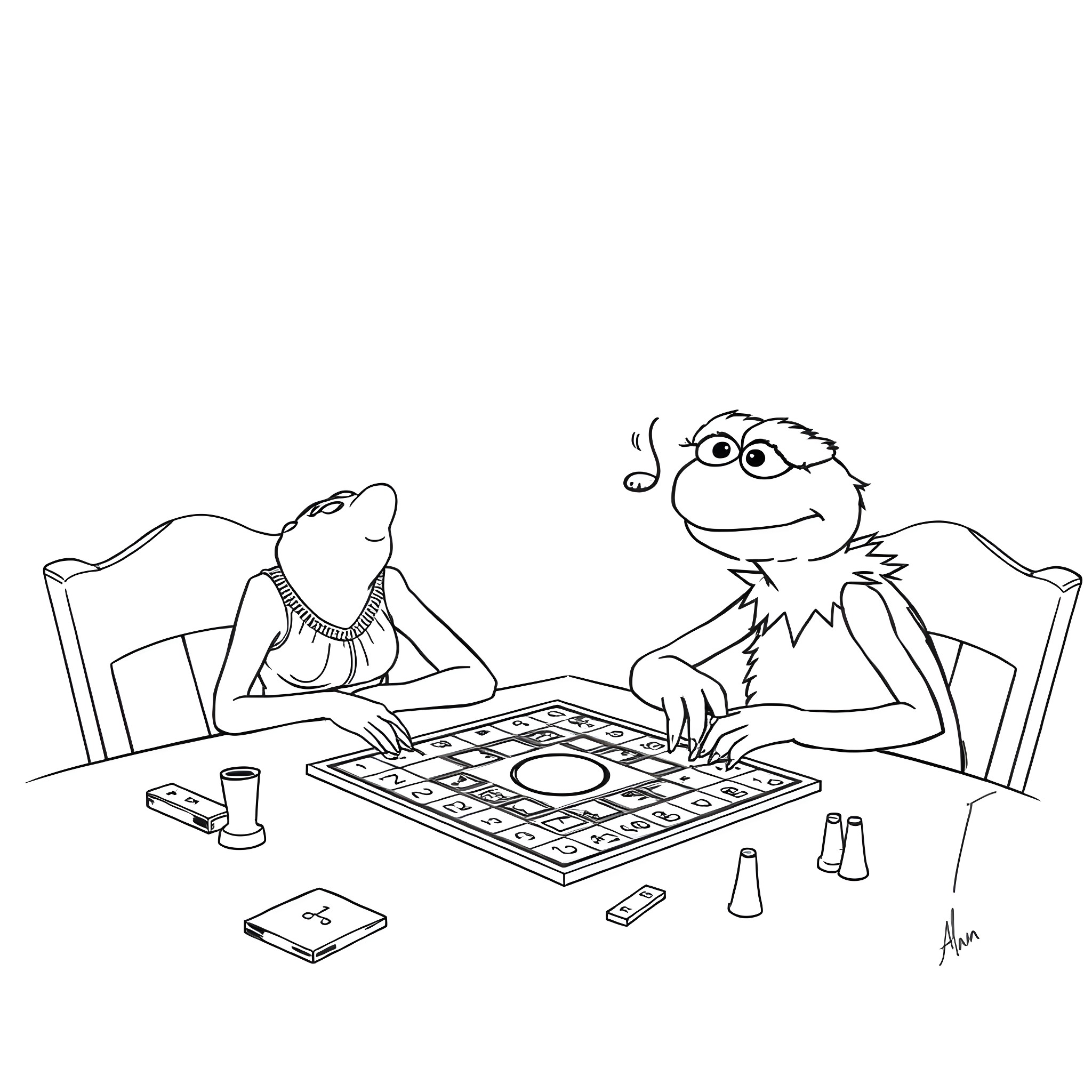 Christina Hendricks playing board game with friend Coloring Page (free black-and-white line drawing printable PDF for all, from beginners to advanced learners, including children, teens, adults, and seniors)