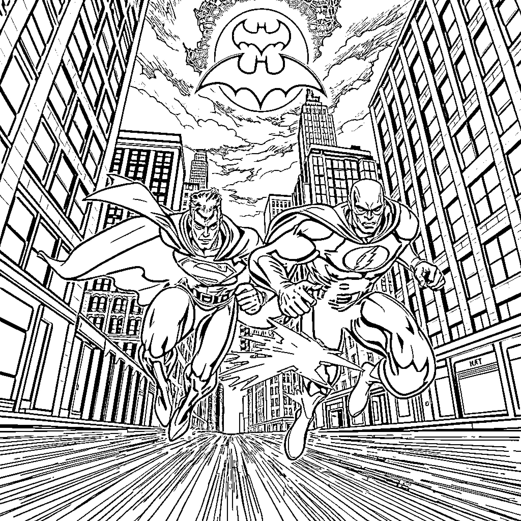 Superman and Batman soar through the city skyline Coloring Page (free black-and-white line drawing printable PDF for all, from beginners to advanced learners, including children, teens, adults, and seniors)