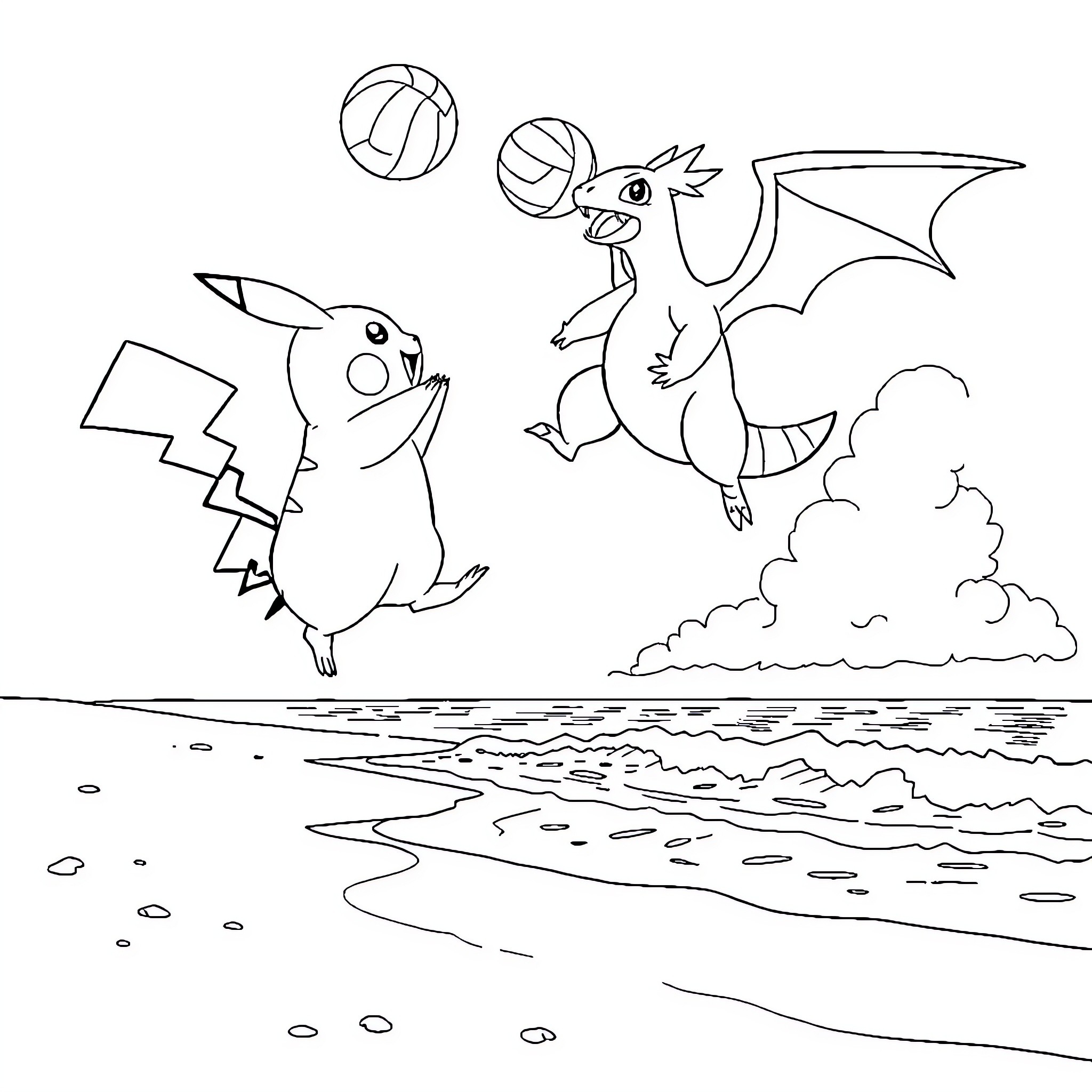 Pikachu and Charizard playing on the beach Coloring Page (free black-and-white line drawing printable PDF for all, from beginners to advanced learners, including children, teens, adults, and seniors)
