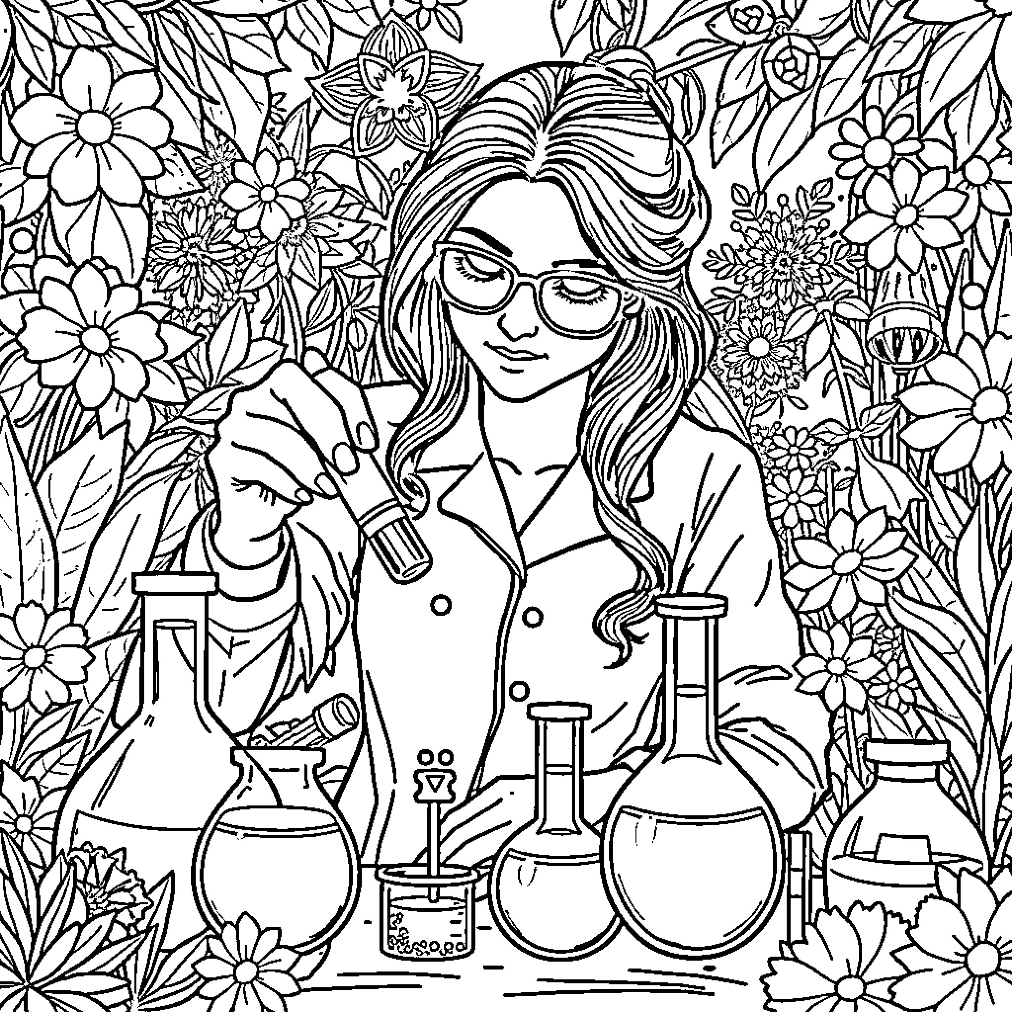 Scientist conducting experiments in a floral environment Coloring Page (free black-and-white line drawing printable PDF for all, from beginners to advanced learners, including children, teens, adults, and seniors)