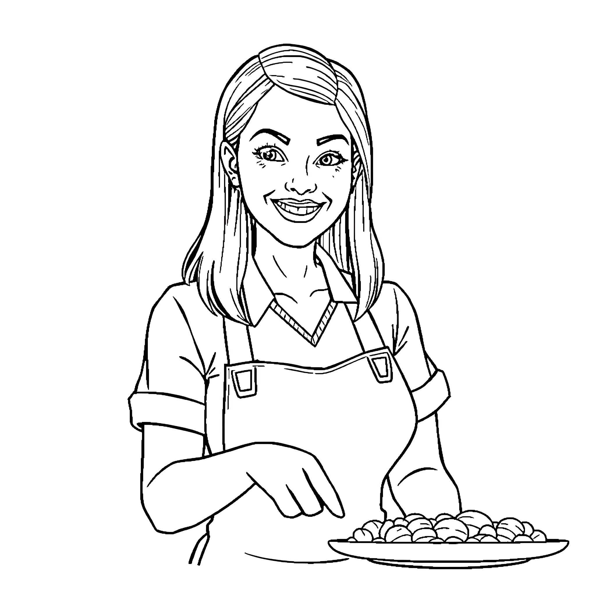 Lunch Lady Serving Up Tasty Meals Coloring Page (free black-and-white line drawing printable PDF for all, from beginners to advanced learners, including children, teens, adults, and seniors)