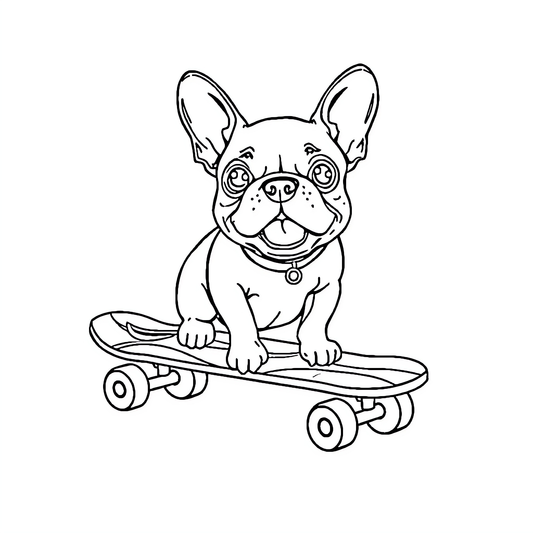 French Bulldog riding a skateboard Coloring Page (free black-and-white line drawing printable PDF for all, from beginners to advanced learners, including children, teens, adults, and seniors)