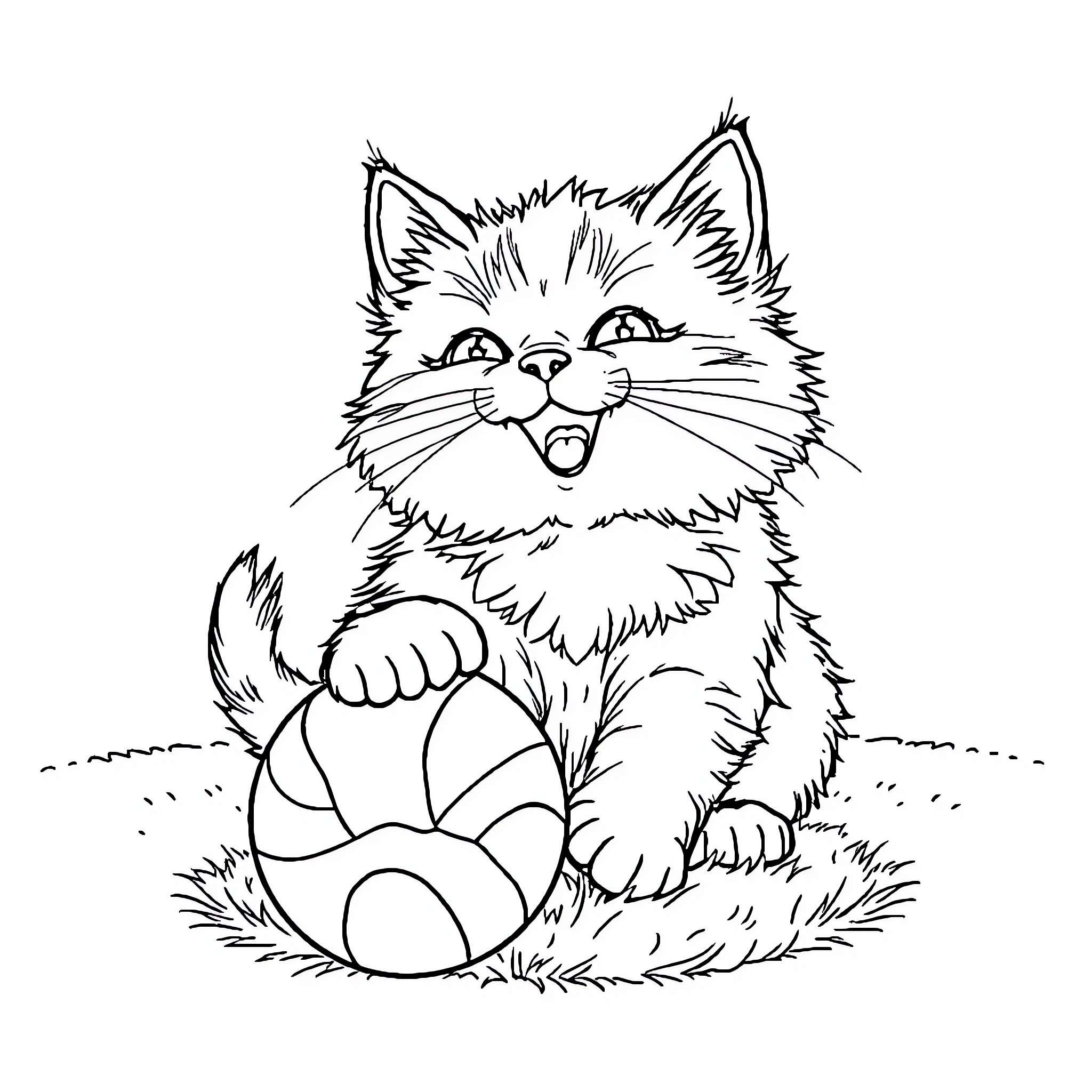 Cat playing with ornate egg in field Coloring Page (free black-and-white line drawing printable PDF for all, from beginners to advanced learners, including children, teens, adults, and seniors)
