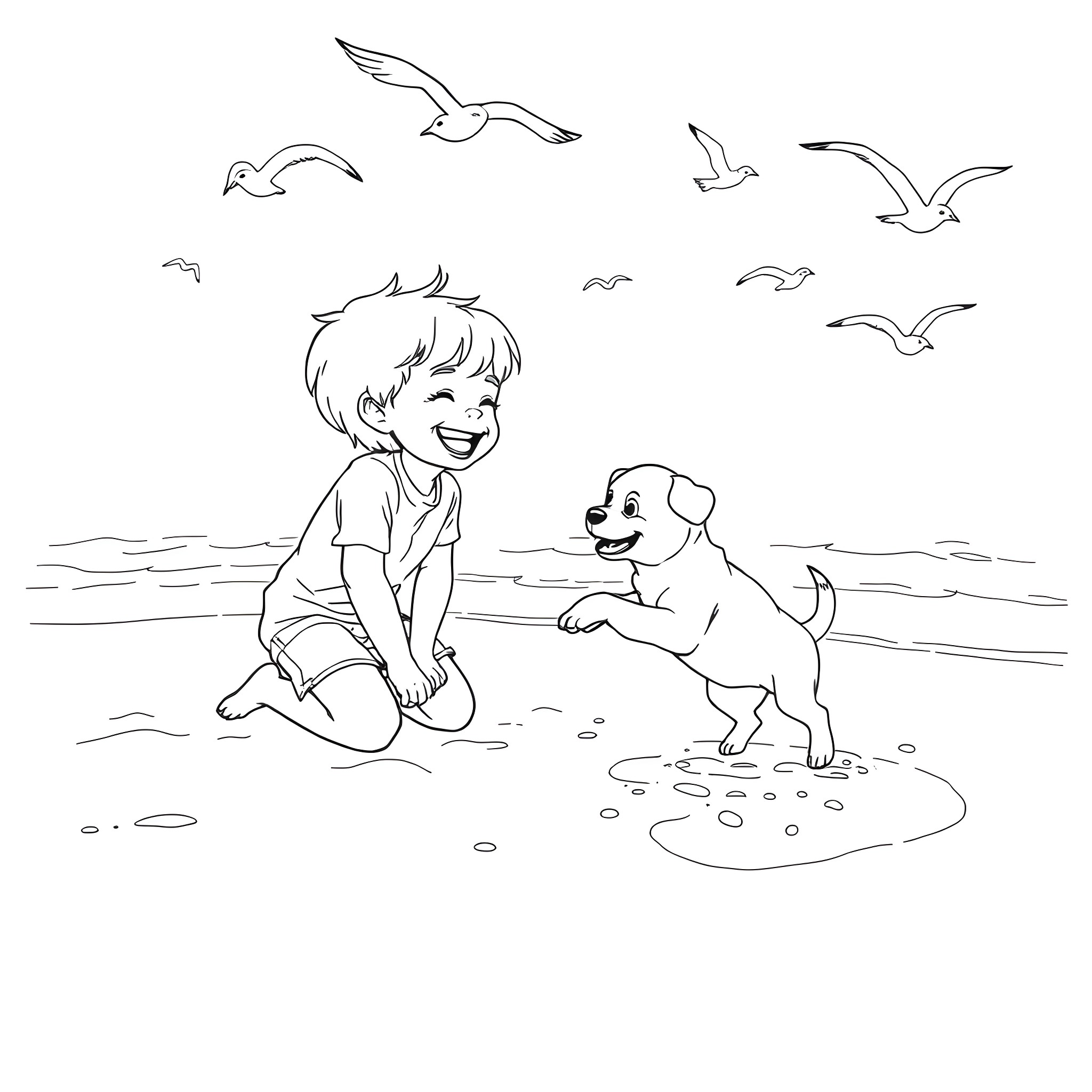 Kid playing happily with puppy on the beach Coloring Page (free black-and-white line drawing printable PDF for all, from beginners to advanced learners, including children, teens, adults, and seniors)