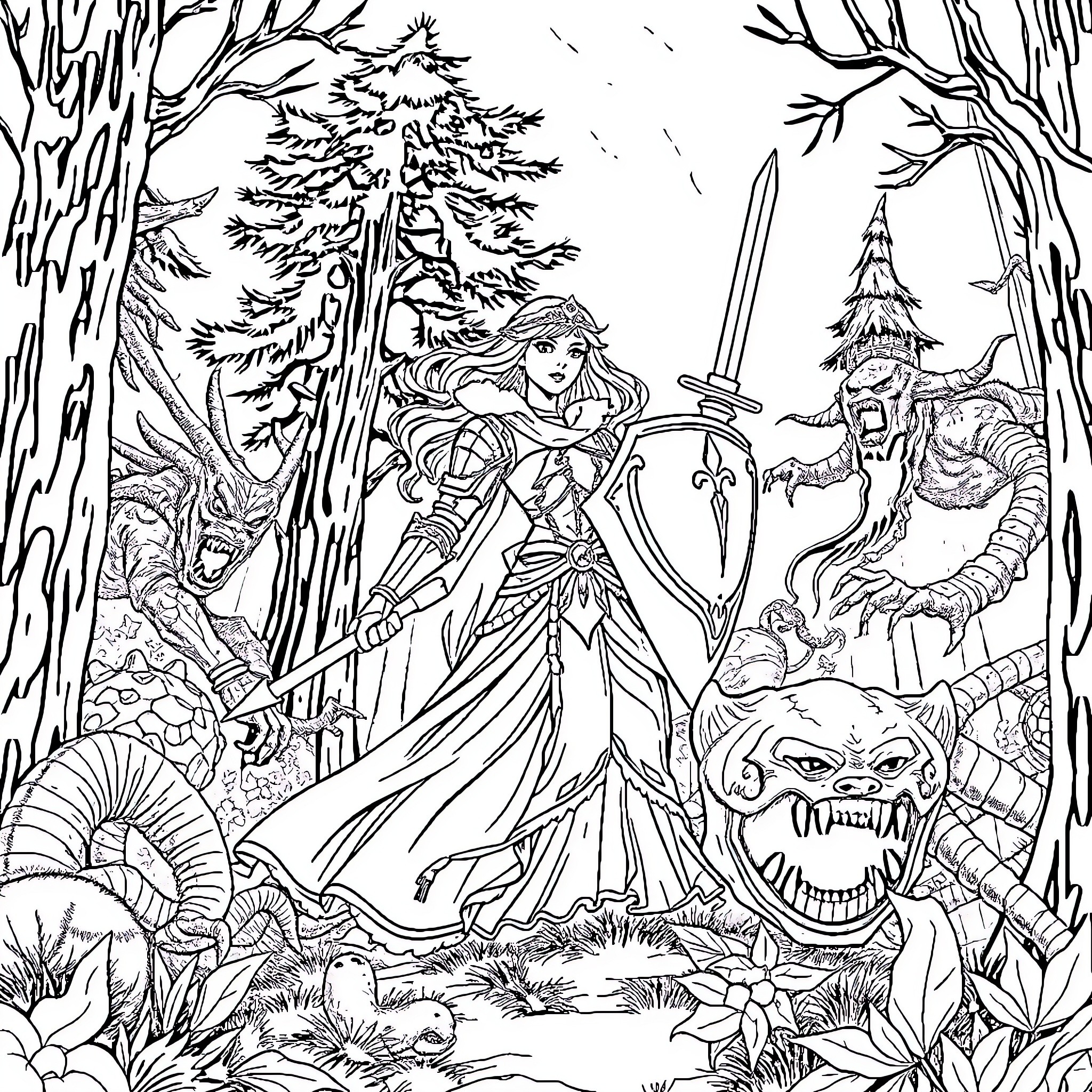 Princess in a Mystical Forest Encounter Coloring Page (free black-and-white line drawing printable PDF for all, from beginners to advanced learners, including children, teens, adults, and seniors)