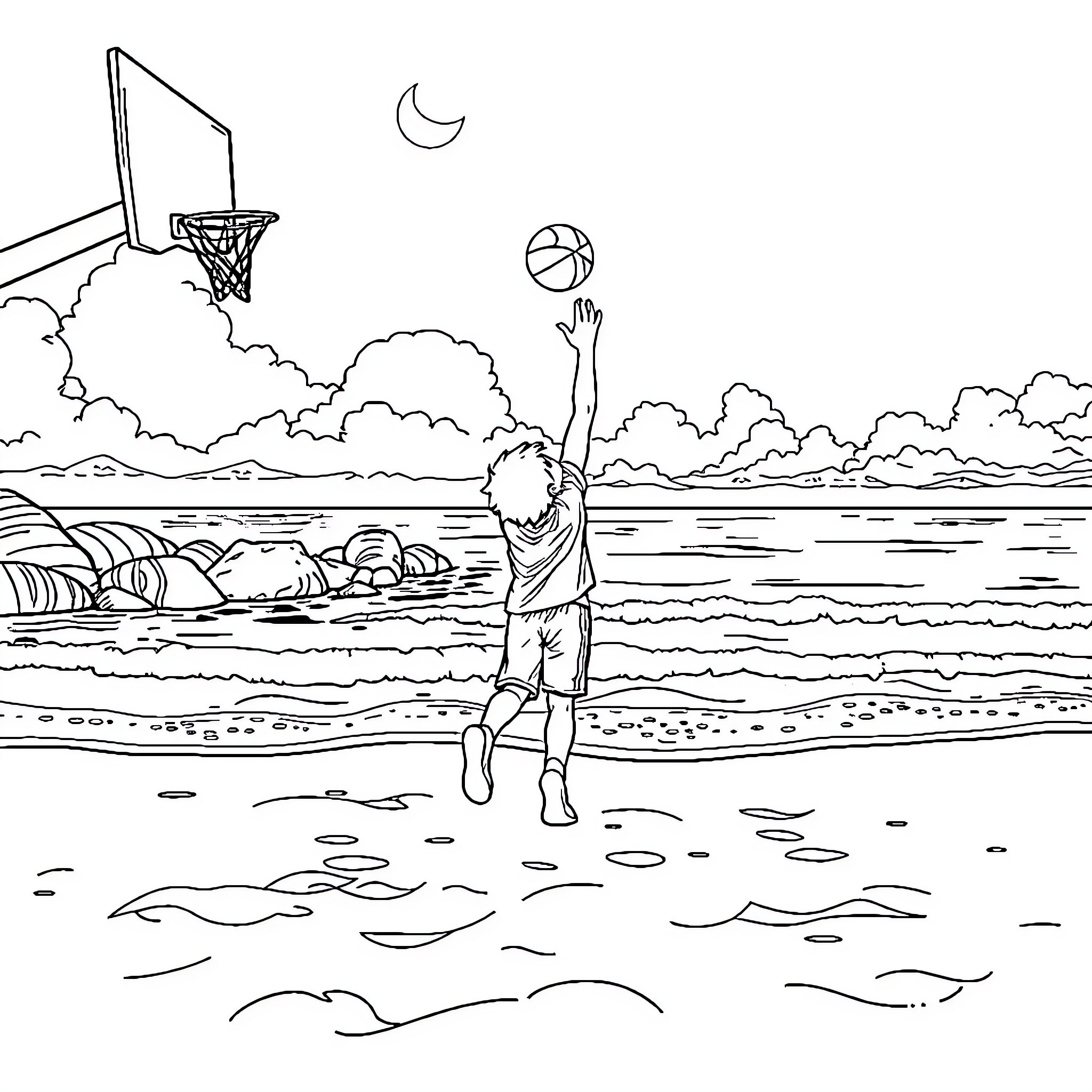 Boy playing basketball alone on the beach at night Coloring Page (free black-and-white line drawing printable PDF for all, from beginners to advanced learners, including children, teens, adults, and seniors)