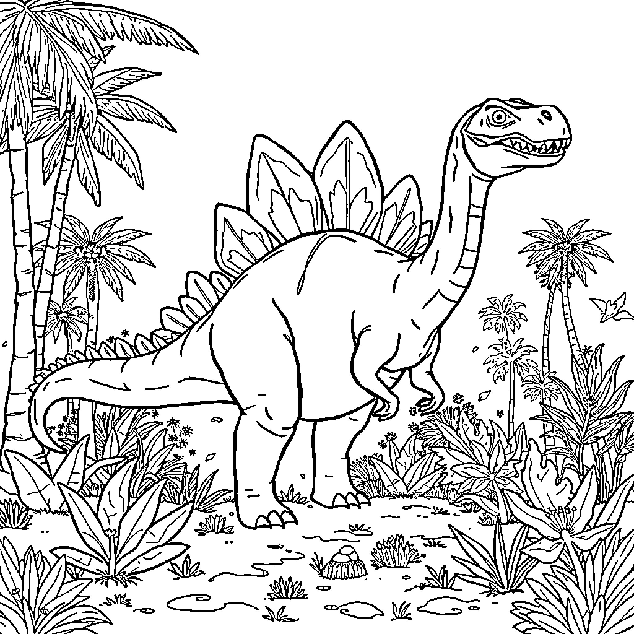 Dinosaur exploring prehistoric jungle landscape Coloring Page (free black-and-white line drawing printable PDF for all, from beginners to advanced learners, including children, teens, adults, and seniors)
