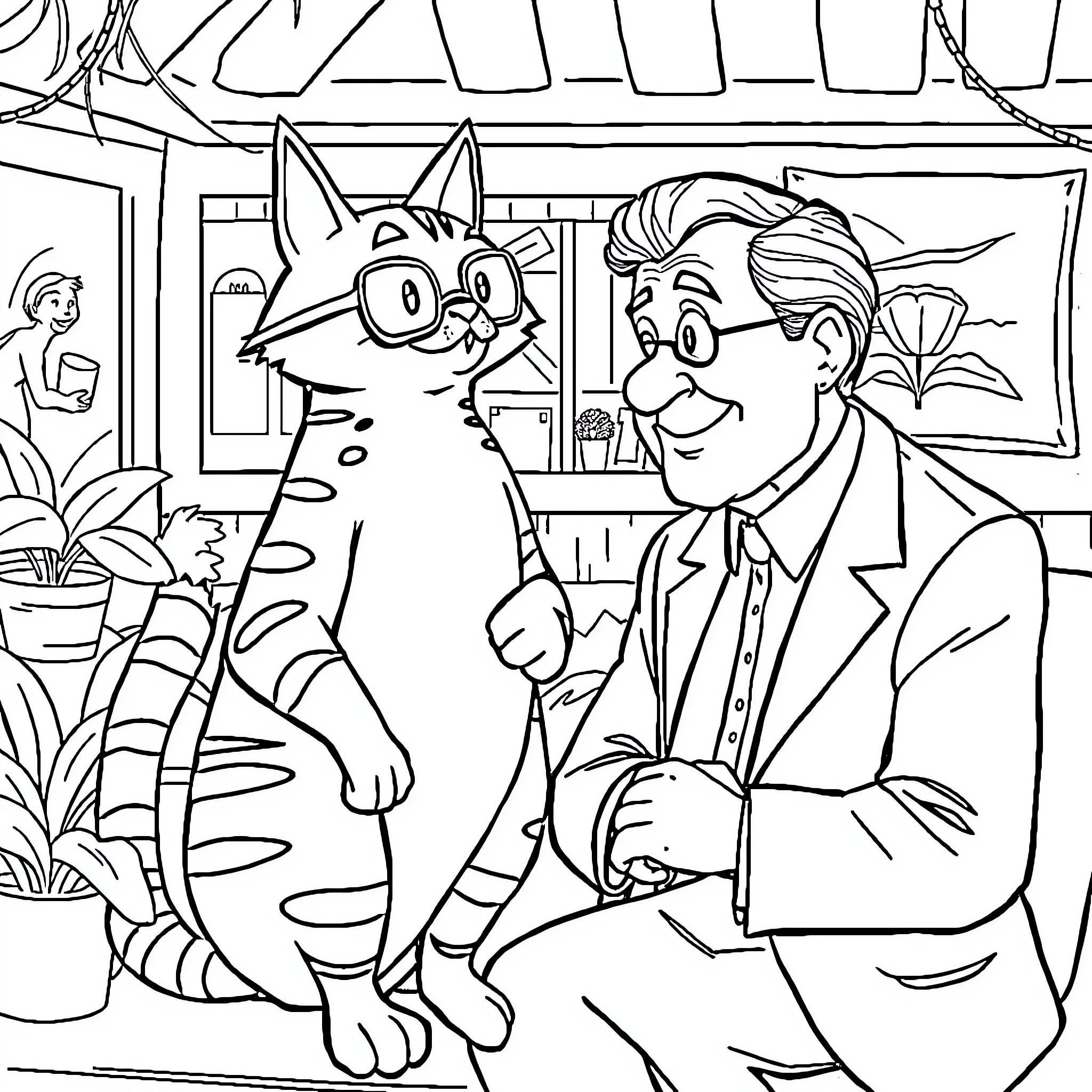 Gato y su amigo humano en la oficina Coloring Page (free black-and-white line drawing printable PDF for all, from beginners to advanced learners, including children, teens, adults, and seniors)