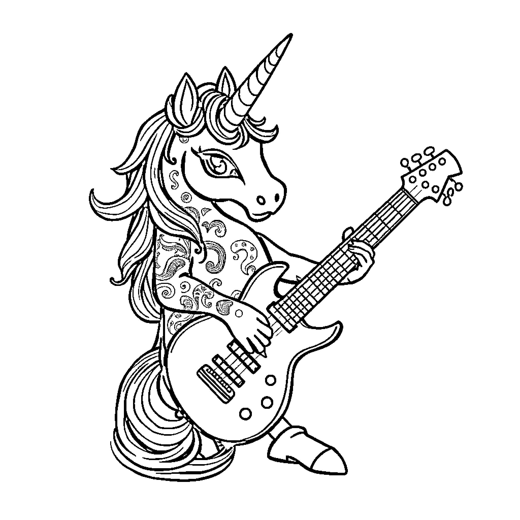 Licorne playing electric guitar with passion Coloring Page (free black-and-white line drawing printable PDF for all, from beginners to advanced learners, including children, teens, adults, and seniors)