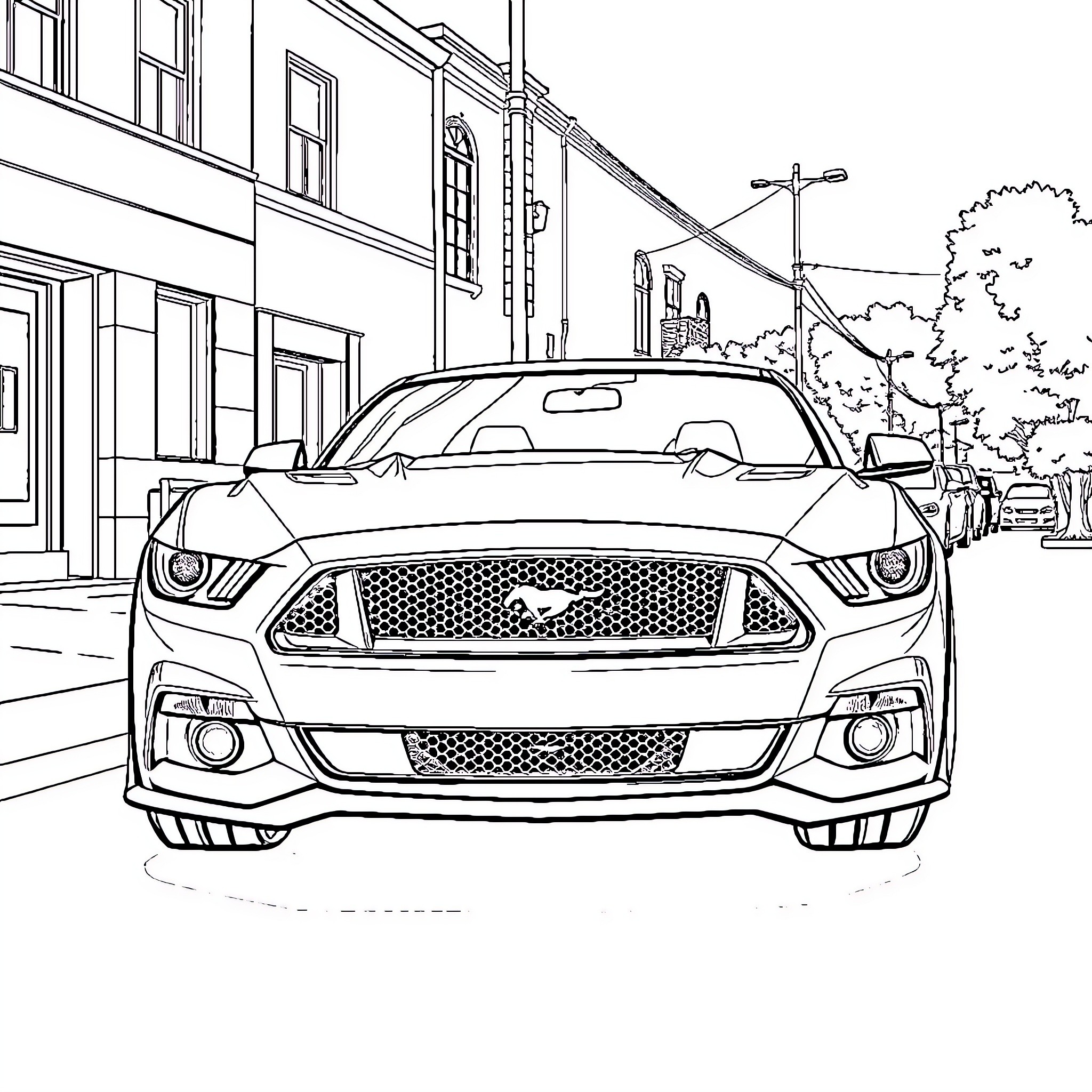 Mustang parked on the city street Coloring Page (free black-and-white line drawing printable PDF for all, from beginners to advanced learners, including children, teens, adults, and seniors)