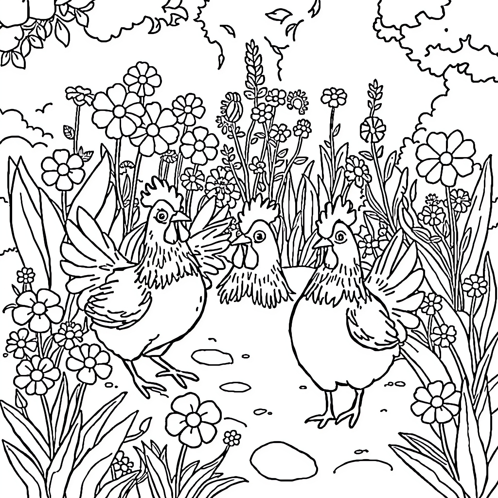 Chicken Surrounded by Blooming Flowers and Foliage Coloring Page (free black-and-white line drawing printable PDF for all, from beginners to advanced learners, including children, teens, adults, and seniors)