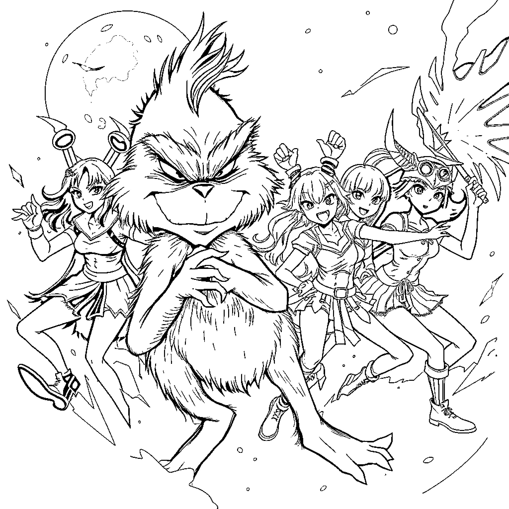 Grinch and the Mischievous Fairy Squad Coloring Page (free black-and-white line drawing printable PDF for all, from beginners to advanced learners, including children, teens, adults, and seniors)