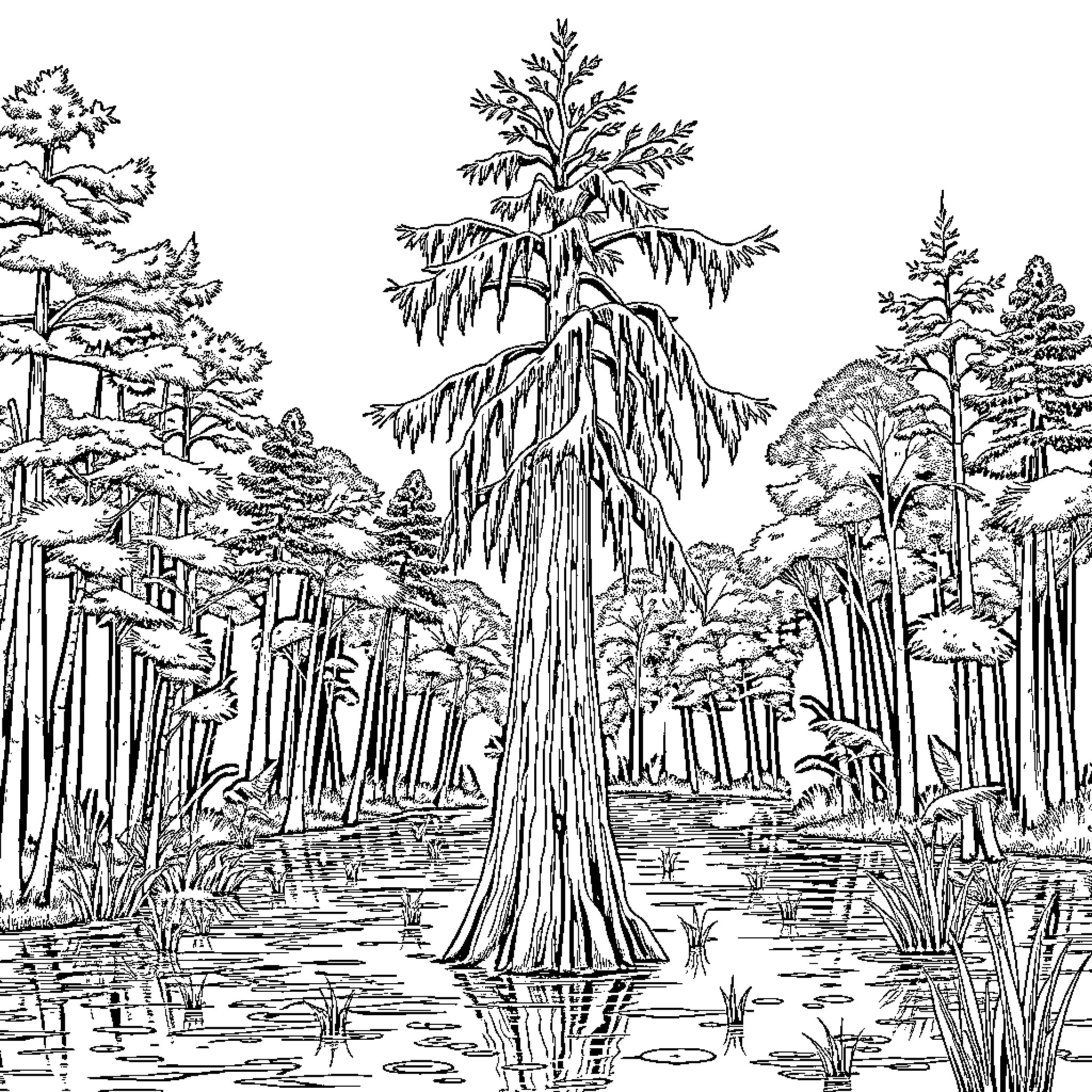Bald Cypress towering in lush forest landscape Coloring Page (free black-and-white line drawing printable PDF for all, from beginners to advanced learners, including children, teens, adults, and seniors)