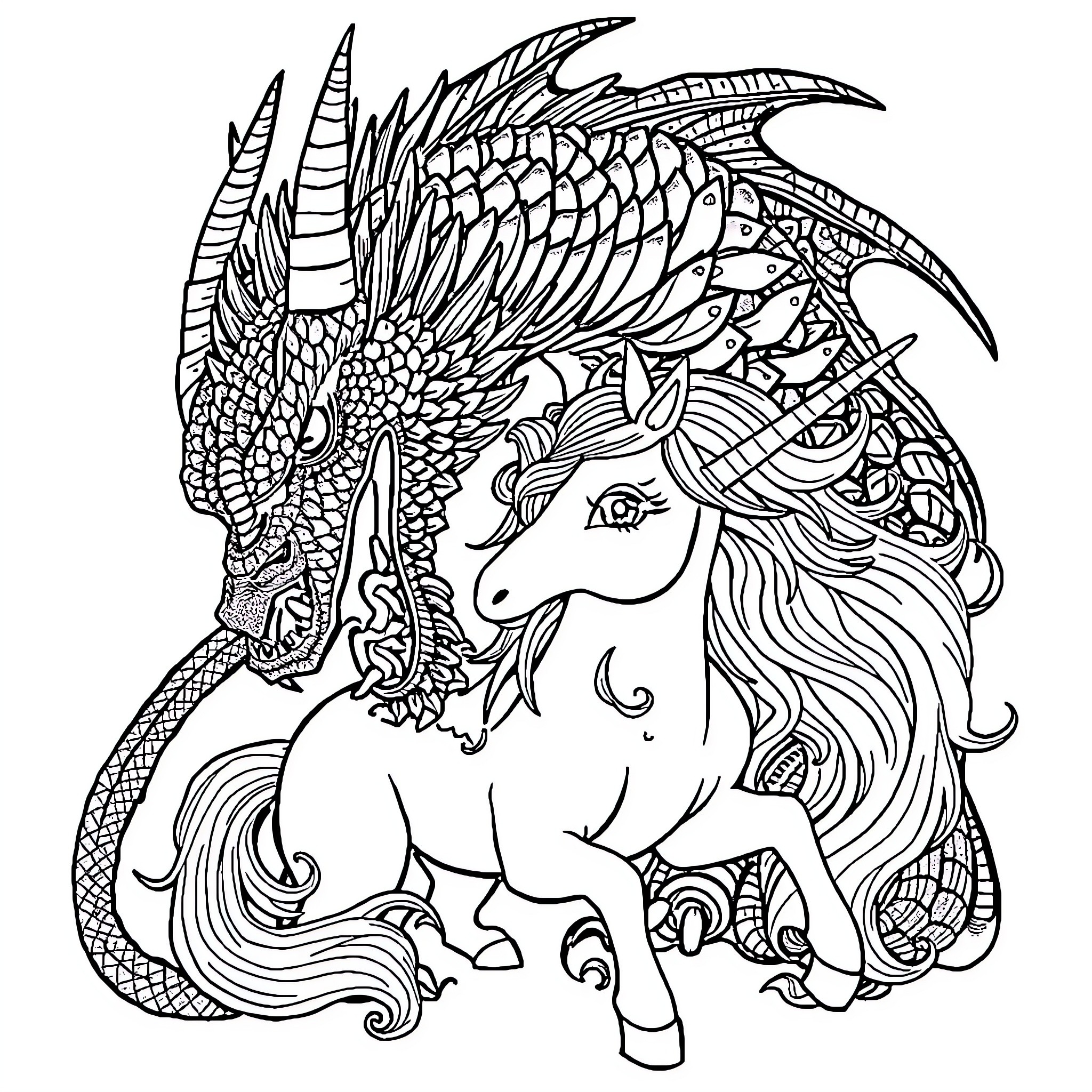 Dragon and Unicorn Mythical Fantasy Creature Coloring Page (free black-and-white line drawing printable PDF for all, from beginners to advanced learners, including children, teens, adults, and seniors)