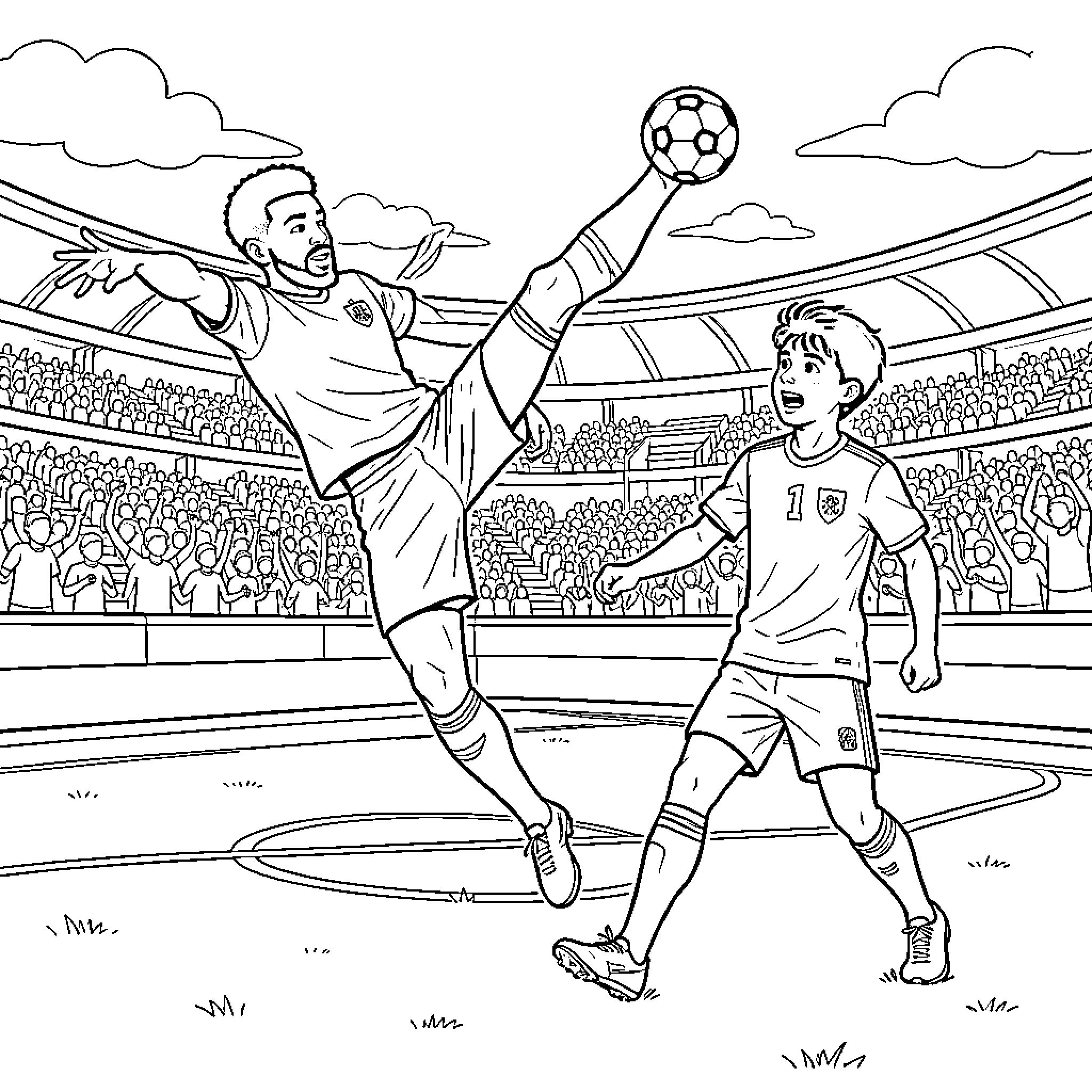 Mbappe kicking a soccer ball in a stadium Coloring Page (free black-and-white line drawing printable PDF for all, from beginners to advanced learners, including children, teens, adults, and seniors)
