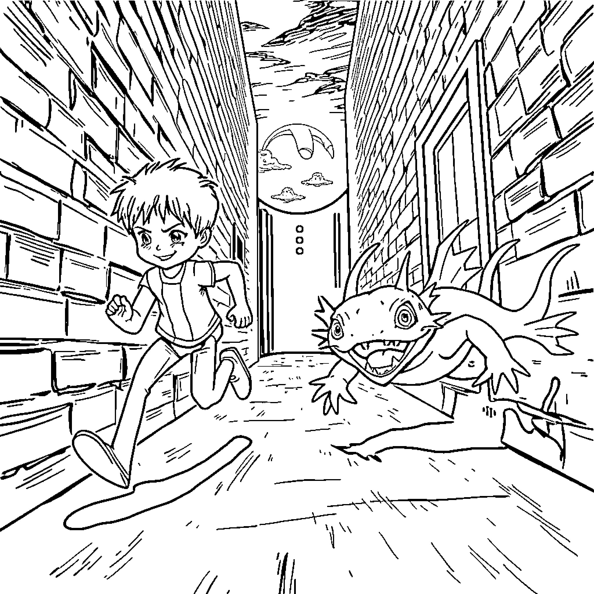 Ken's Exciting Adventure in the Alley Coloring Page (free black-and-white line drawing printable PDF for all, from beginners to advanced learners, including children, teens, adults, and seniors)