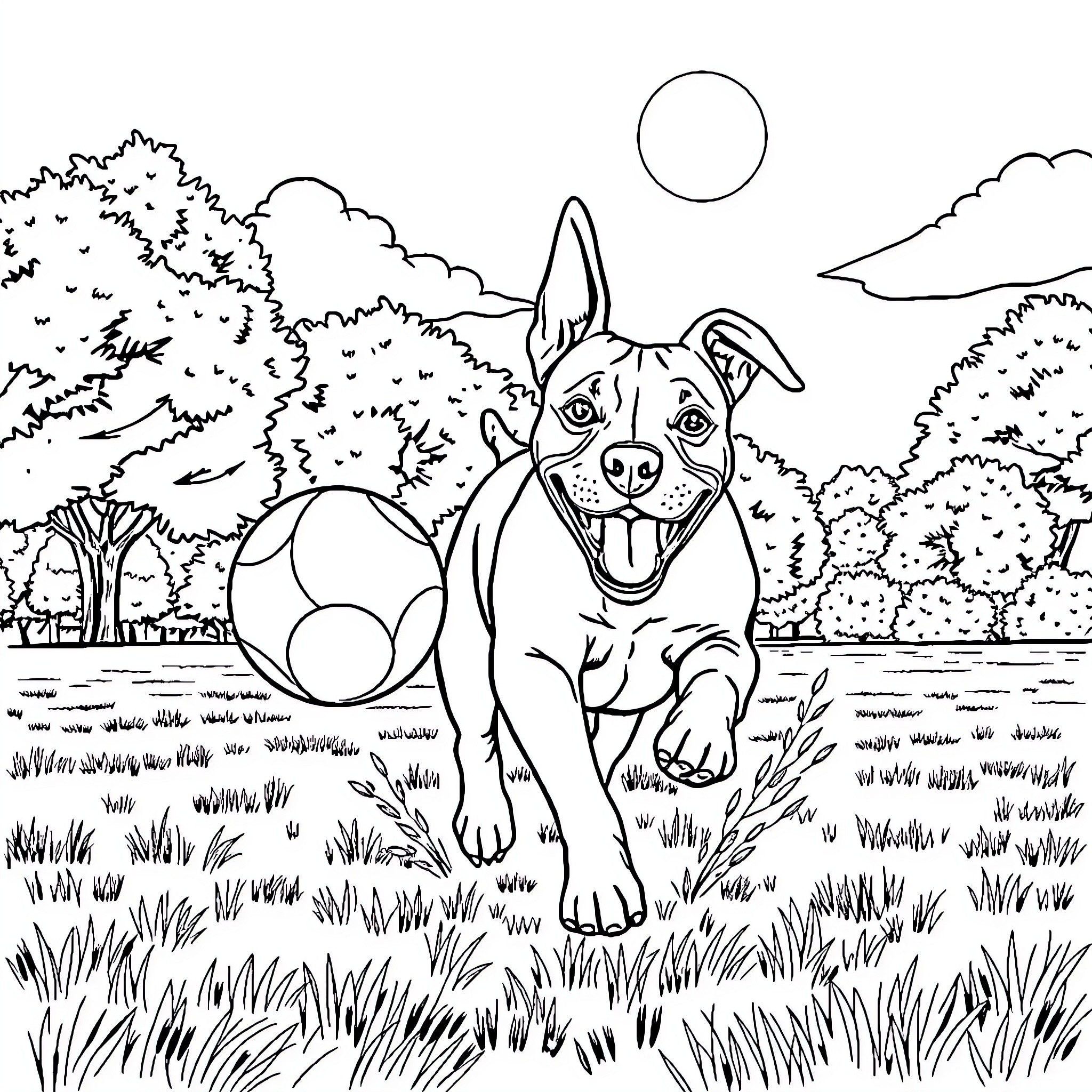 Pitbull enjoying a sunny day in the park Coloring Page (free black-and-white line drawing printable PDF for all, from beginners to advanced learners, including children, teens, adults, and seniors)