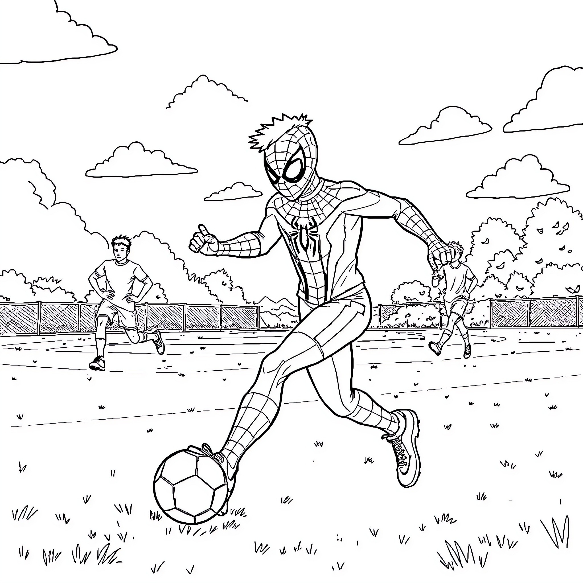 Miles Morales Playing Soccer in Park Coloring Page (free black-and-white line drawing printable PDF for all, from beginners to advanced learners, including children, teens, adults, and seniors)