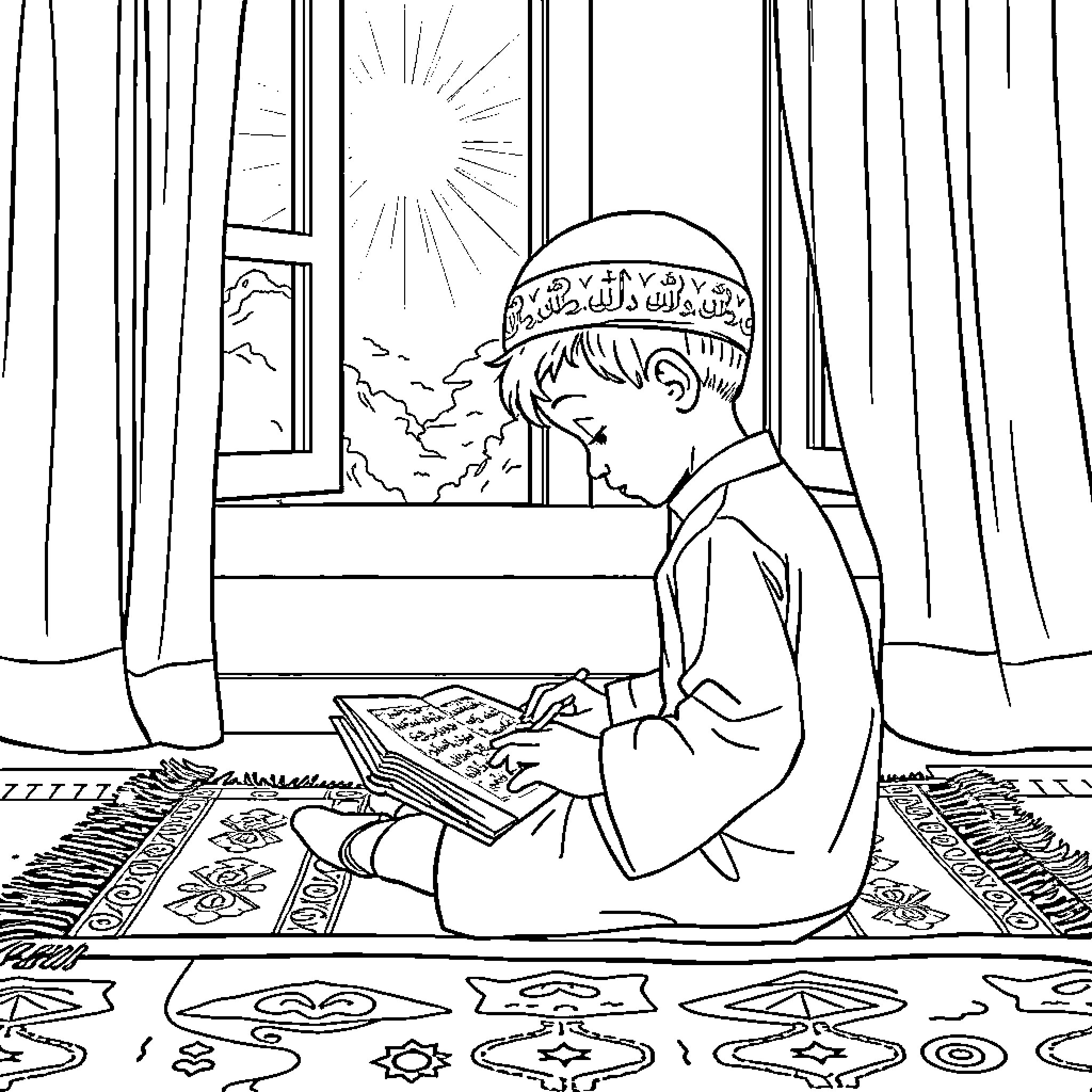 Boy praying earnestly by the window Coloring Page (free black-and-white line drawing printable PDF for all, from beginners to advanced learners, including children, teens, adults, and seniors)