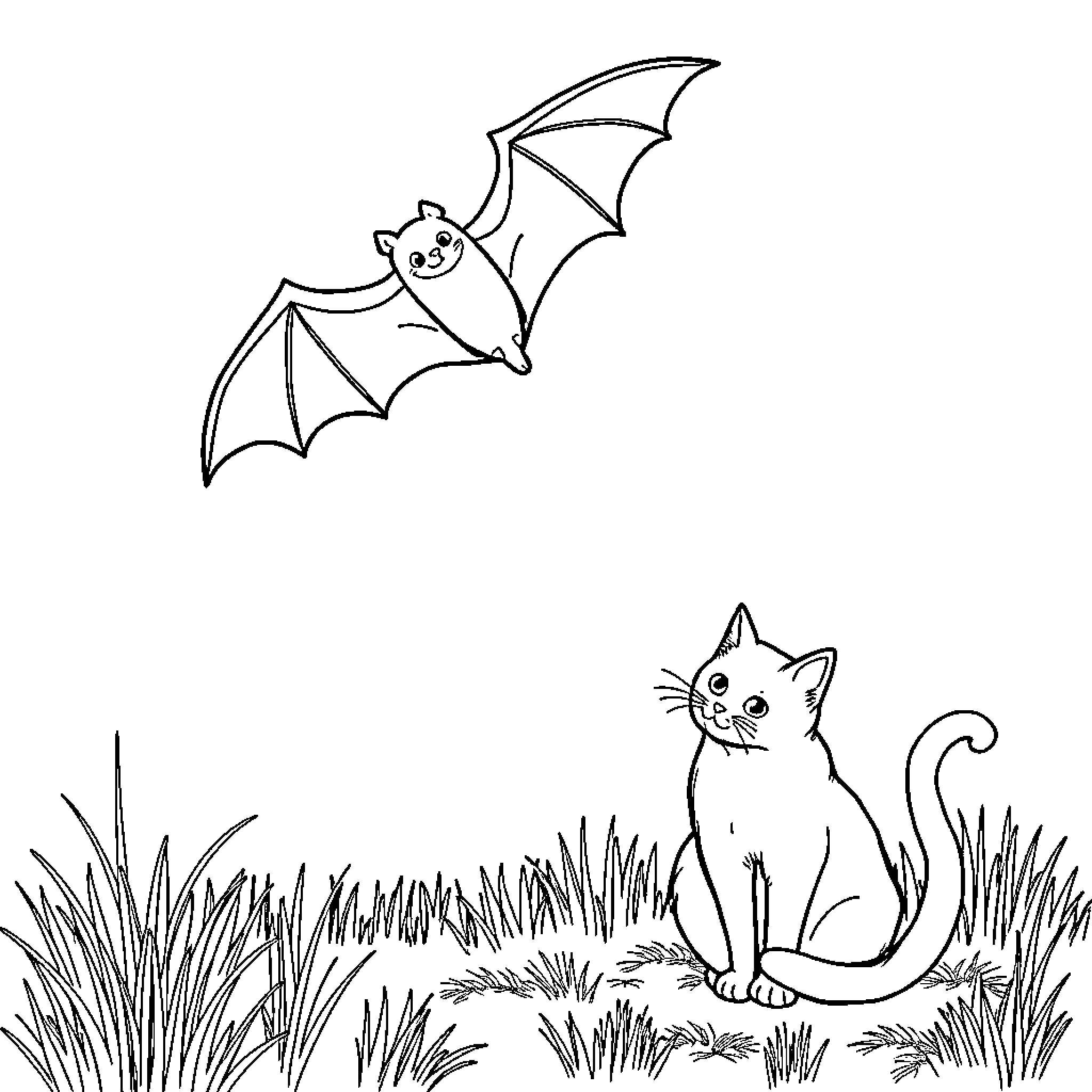 Bat soaring through the night sky Coloring Page (free black-and-white line drawing printable PDF for all, from beginners to advanced learners, including children, teens, adults, and seniors)