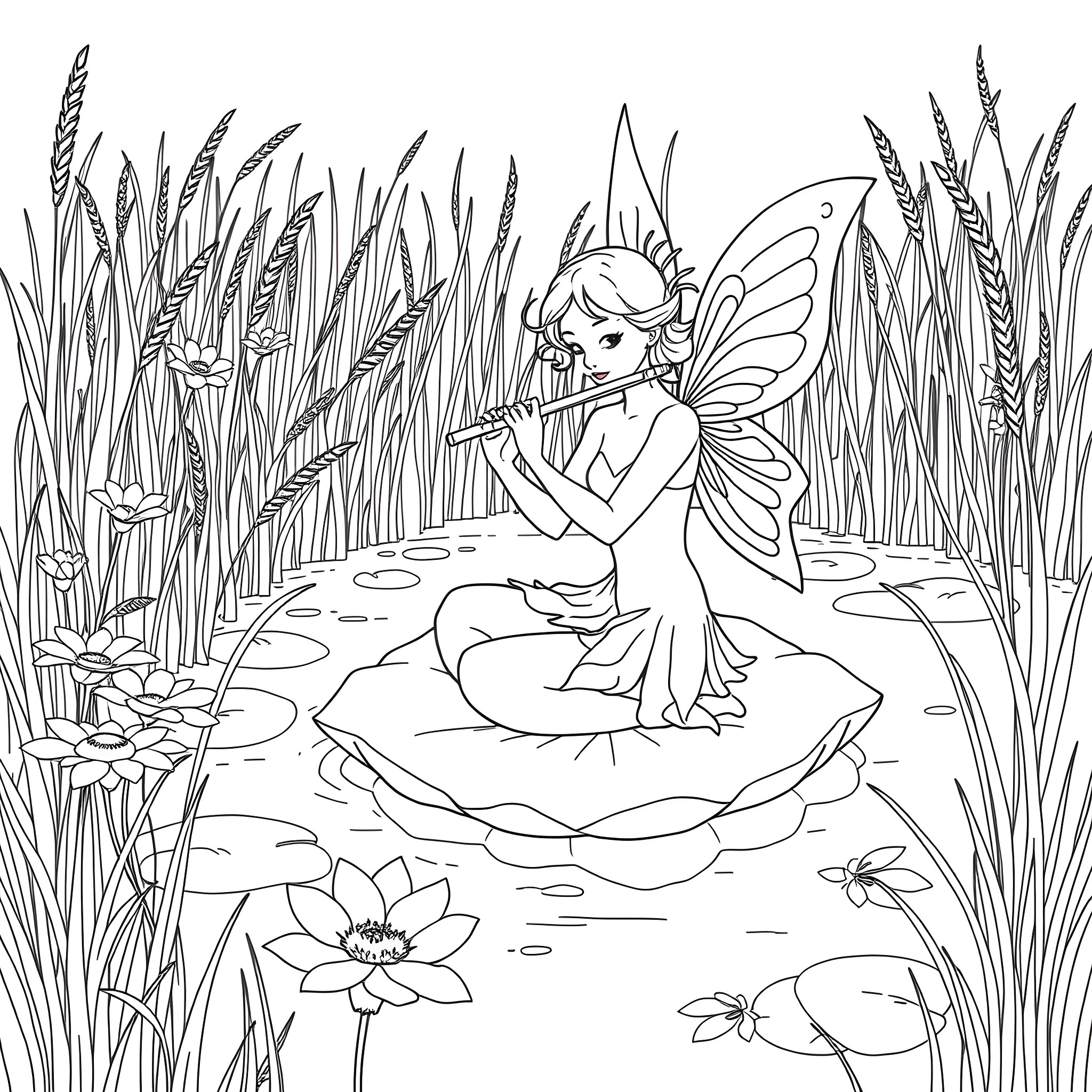 Fairy playing music in a meadow Coloring Page (free black-and-white line drawing printable PDF for all, from beginners to advanced learners, including children, teens, adults, and seniors)