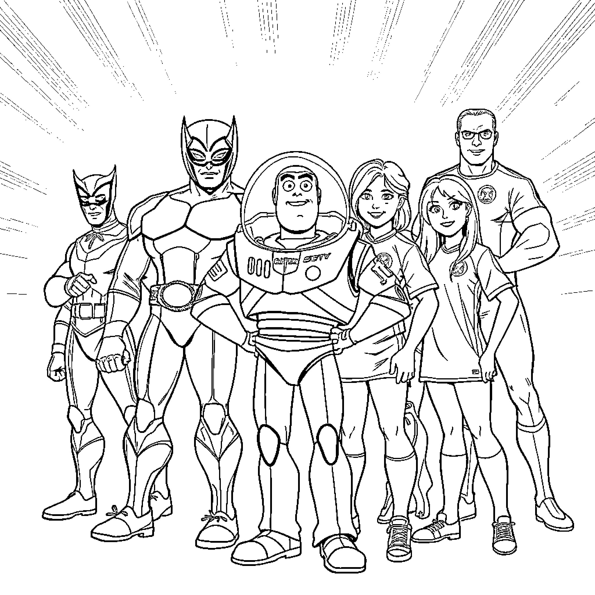 X-Men Heroes Unite in Heroic Pose Coloring Page (free black-and-white line drawing printable PDF for all, from beginners to advanced learners, including children, teens, adults, and seniors)