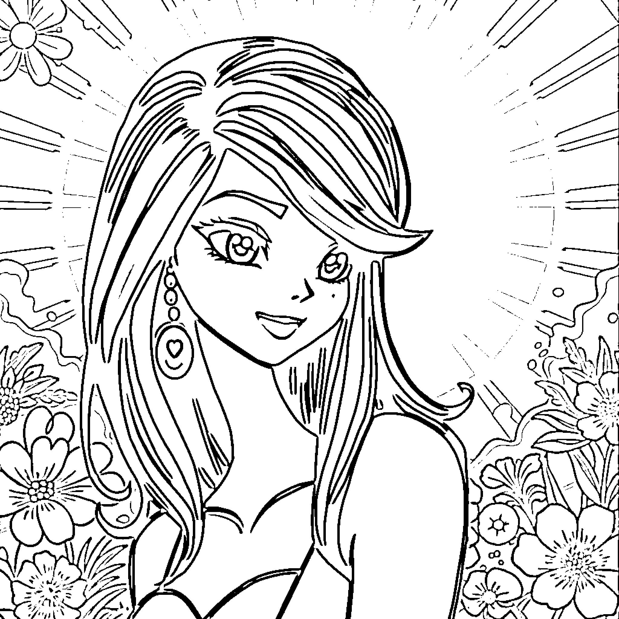 Nami enjoying a floral scene Coloring Page (free black-and-white line drawing printable PDF for all, from beginners to advanced learners, including children, teens, adults, and seniors)