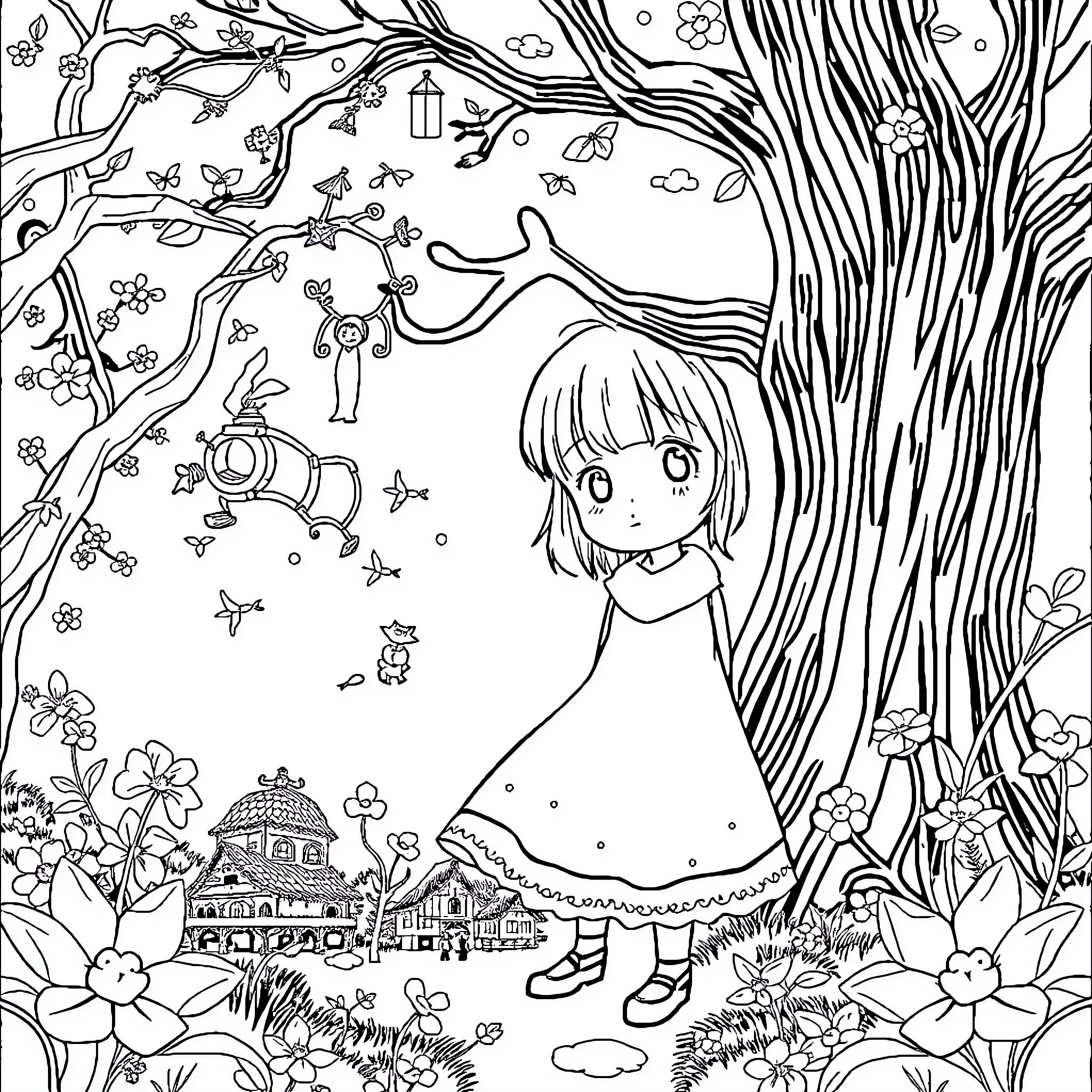 Spirited Away: Enchanting Girl in Whimsical Forest Coloring Page (free black-and-white line drawing printable PDF for all, from beginners to advanced learners, including children, teens, adults, and seniors)