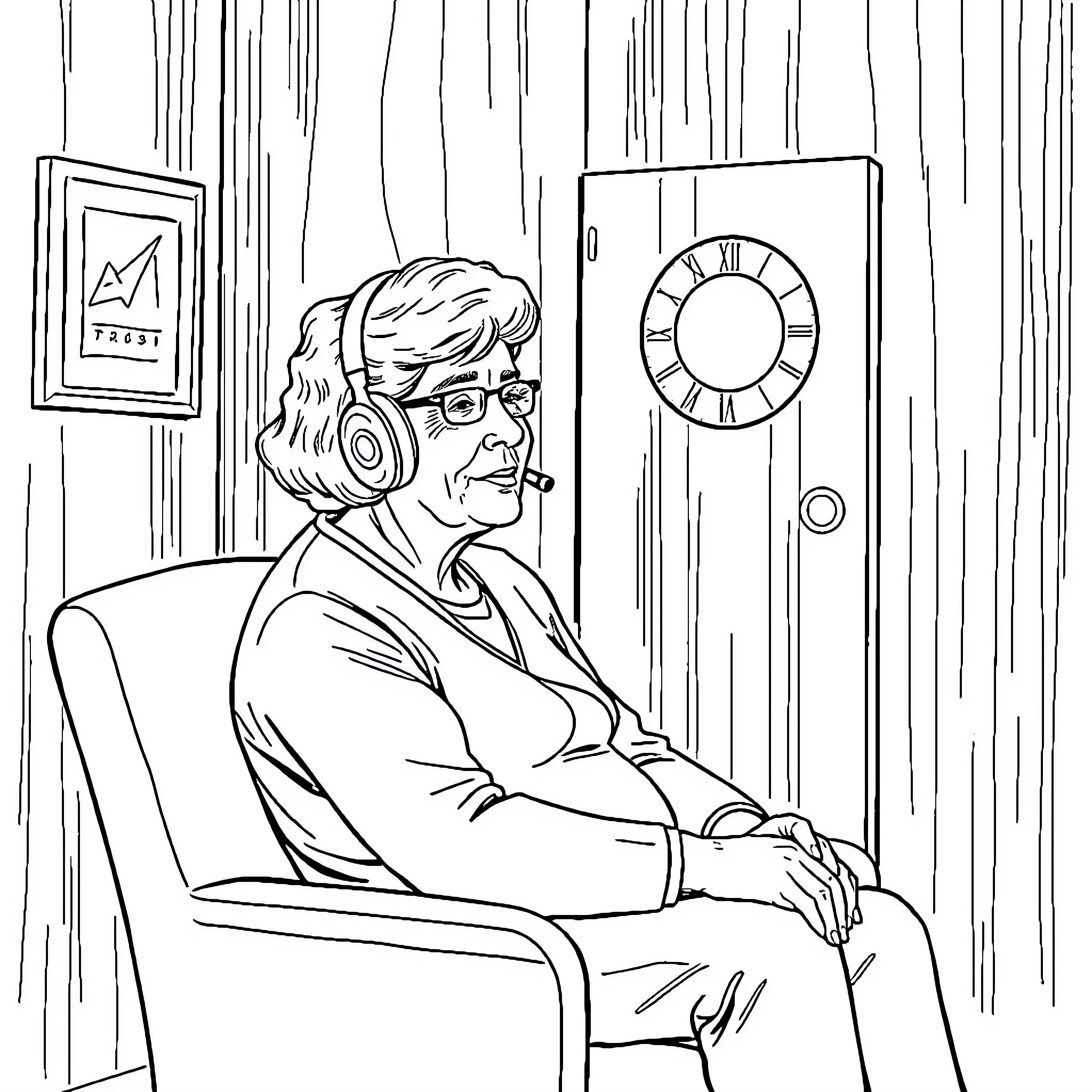 Woman listening to music in a cozy room Coloring Page (free black-and-white line drawing printable PDF for all, from beginners to advanced learners, including children, teens, adults, and seniors)