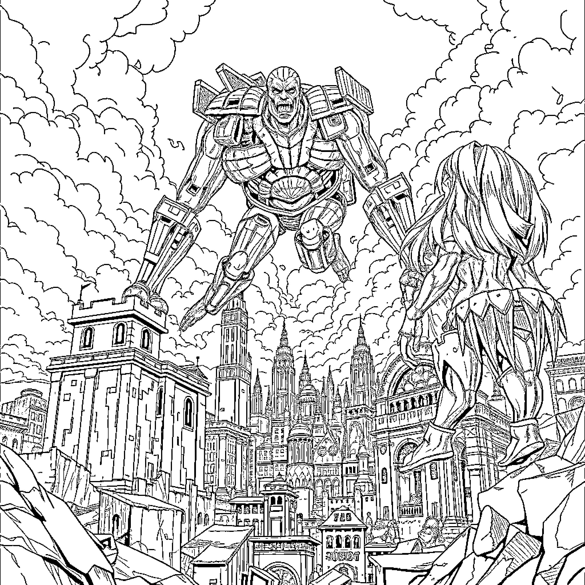 Attack on Titan: Colossal Titan Rampaging Through the City Coloring Page (free black-and-white line drawing printable PDF for all, from beginners to advanced learners, including children, teens, adults, and seniors)