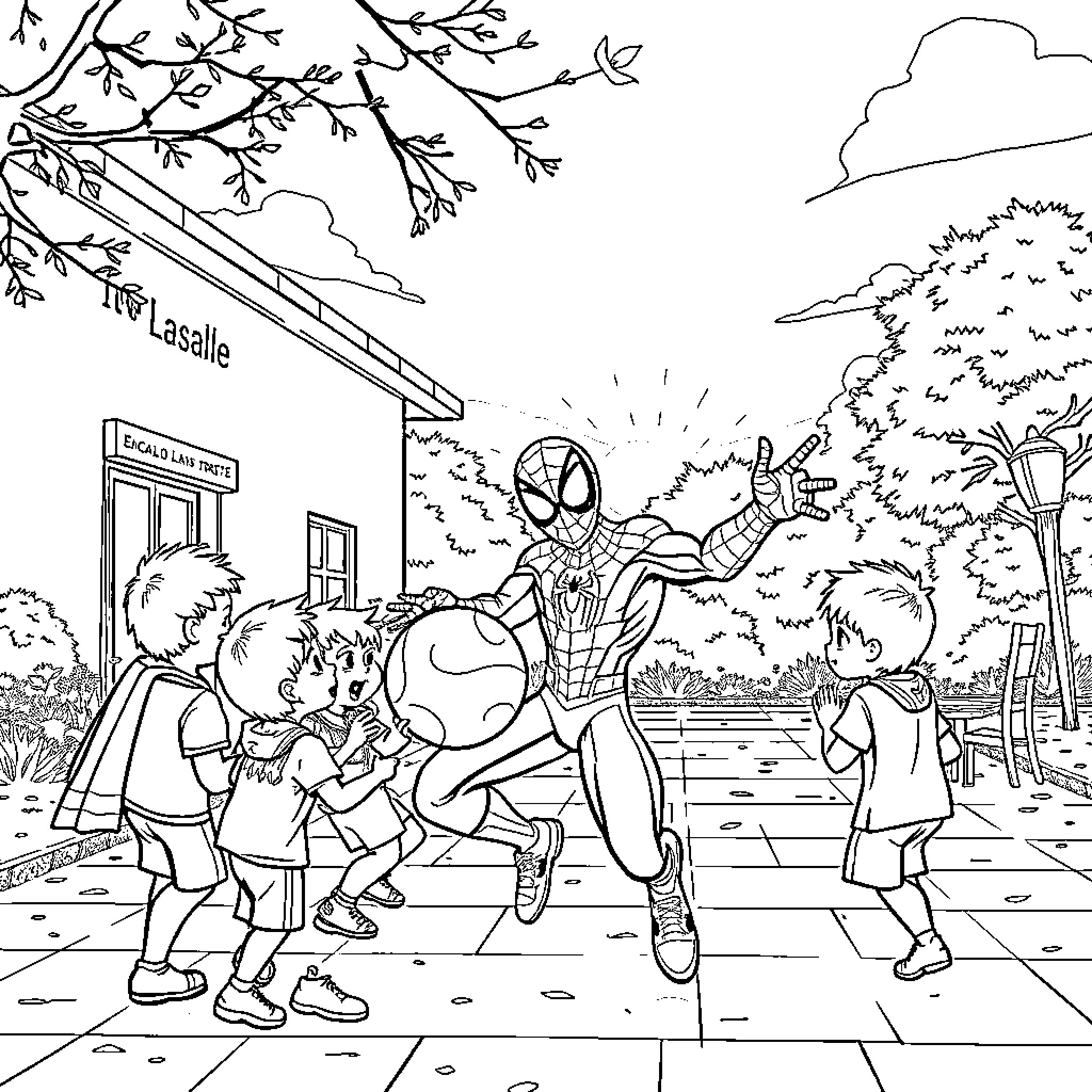 Spiderman saving kids from danger in the city Coloring Page (free black-and-white line drawing printable PDF for all, from beginners to advanced learners, including children, teens, adults, and seniors)