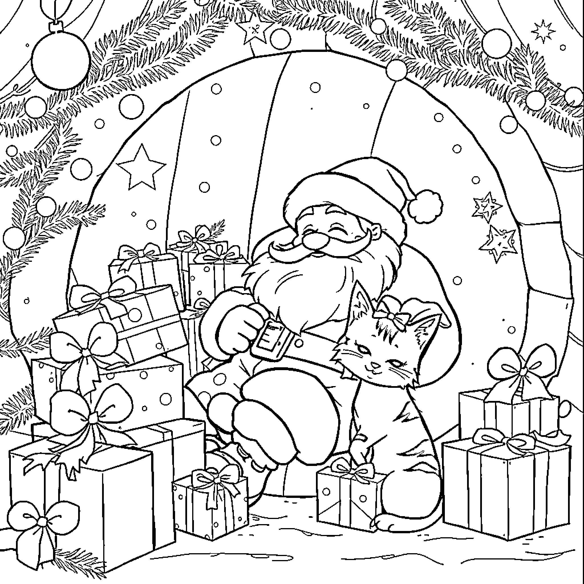 Santa Claus delivering gifts to a happy cat Coloring Page (free black-and-white line drawing printable PDF for all, from beginners to advanced learners, including children, teens, adults, and seniors)