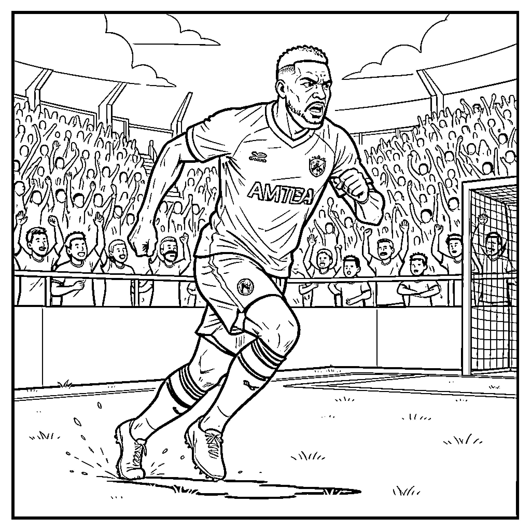 Lukaku celebrating a goal in front of cheering fans Coloring Page (free black-and-white line drawing printable PDF for all, from beginners to advanced learners, including children, teens, adults, and seniors)