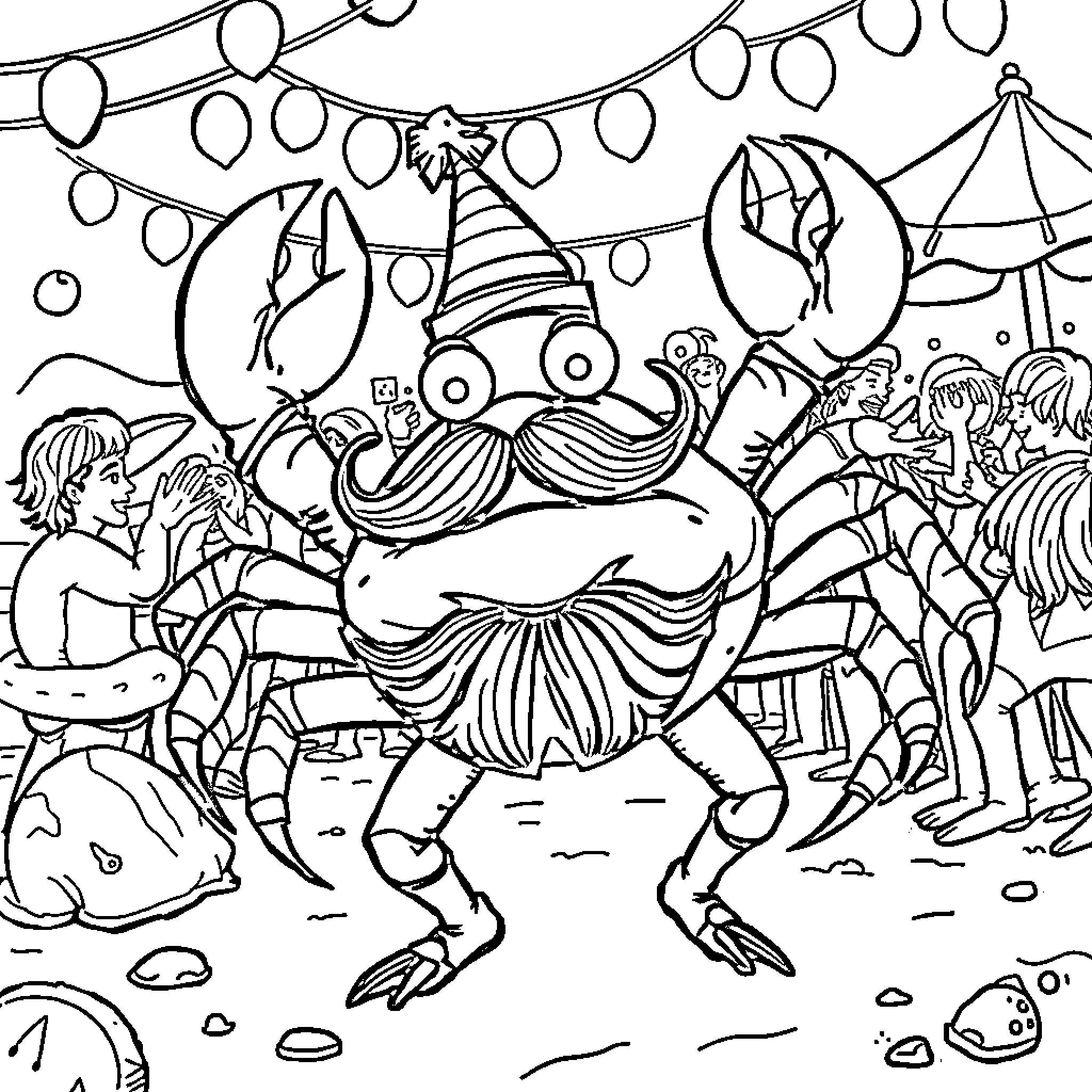 Crab celebrating at a lively party Coloring Page (free black-and-white line drawing printable PDF for all, from beginners to advanced learners, including children, teens, adults, and seniors)