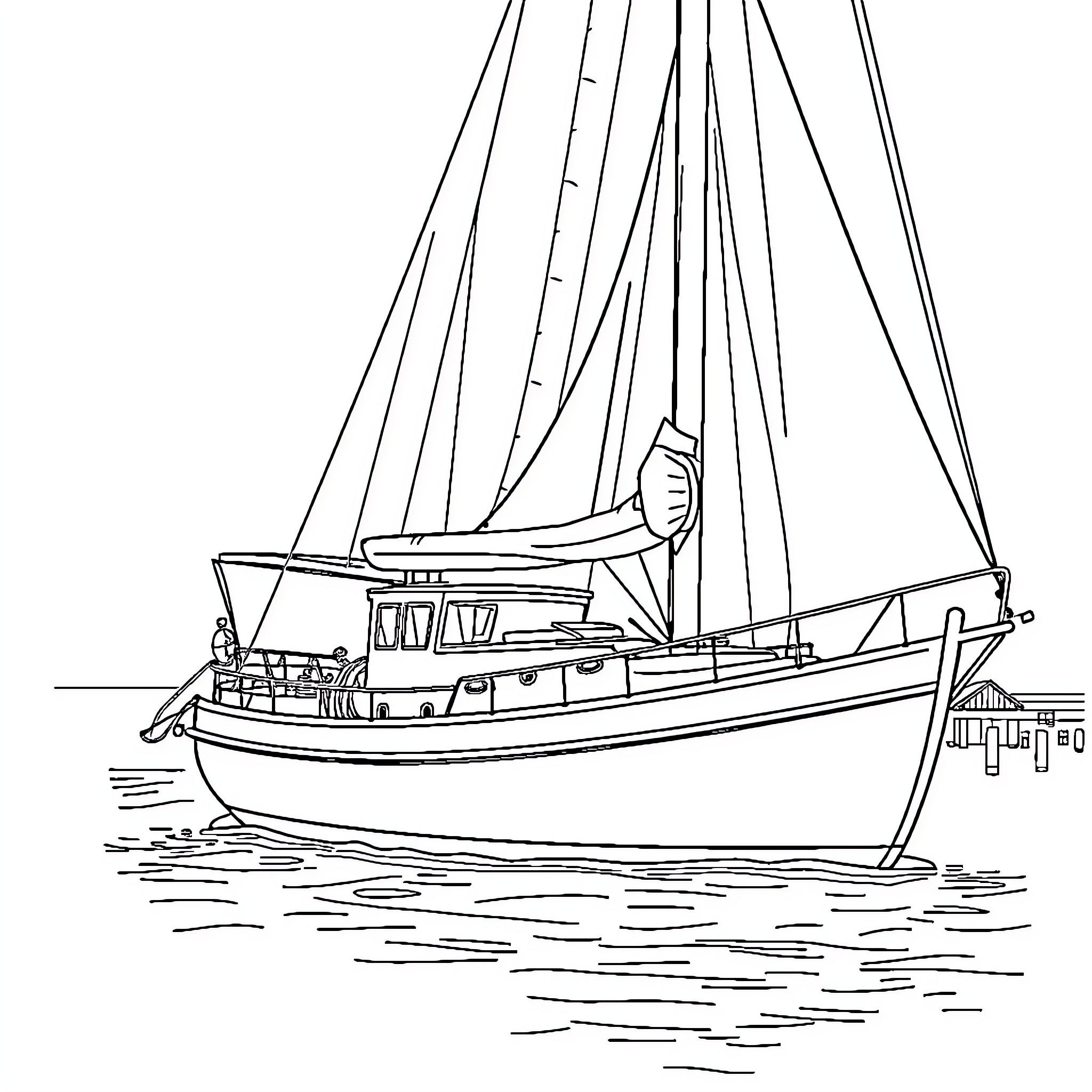 Shipman's Elegant Sailboat on the Waves Coloring Page (free black-and-white line drawing printable PDF for all, from beginners to advanced learners, including children, teens, adults, and seniors)
