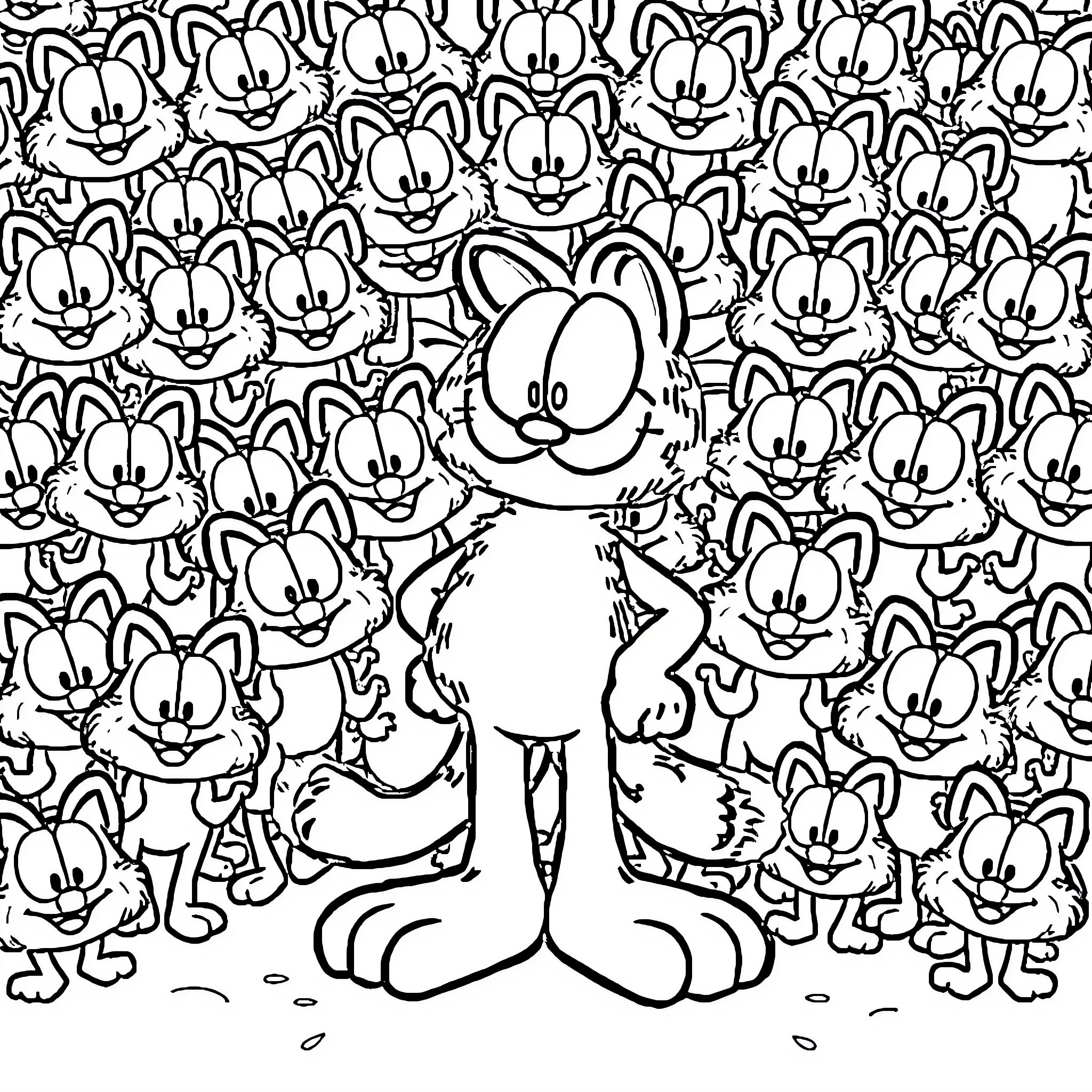 Garfield surrounded by a crowd of Garfield-like characters Coloring Page (free black-and-white line drawing printable PDF for all, from beginners to advanced learners, including children, teens, adults, and seniors)